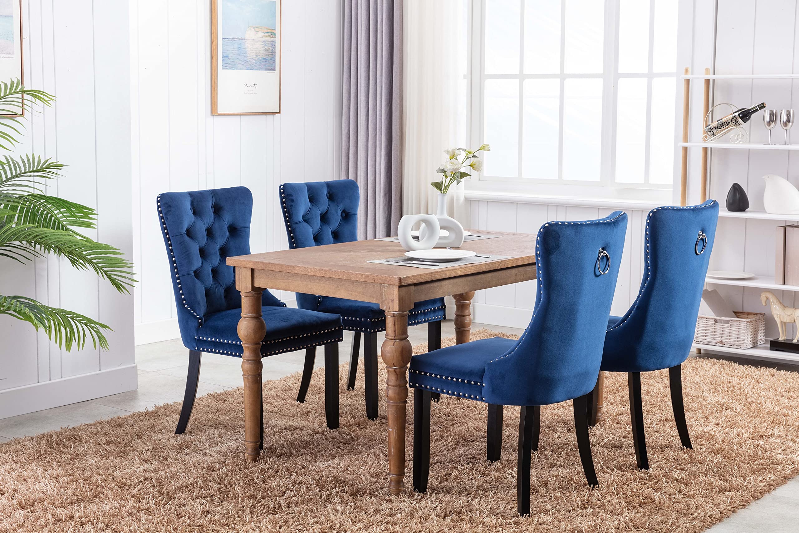 Premium Merax Dining Chair Set of 2 - Modern Velvet Upholstered Tufted Chairs with Solid Wood Legs & Nailhead Trim (Blue & Black) - Perfect for Dining Room, Kitchen, Restaurant & Home Decor