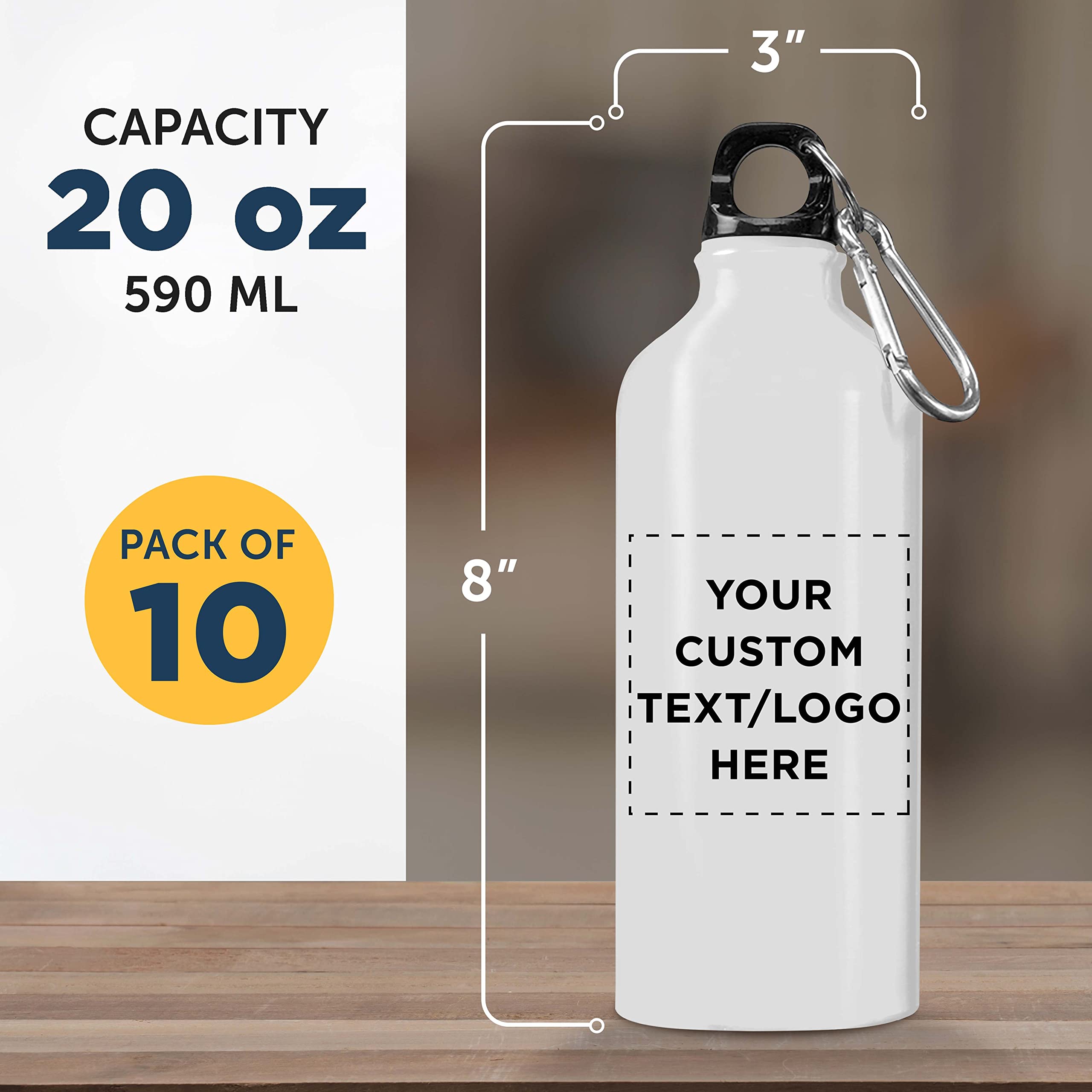 Customized 20oz Aluminum Water Bottles Bulk Pack (Set of 10) - Personalized Gym & Hiking Bottles - Durable & Eco-Friendly for Outdoor Activities, Sports & Office Use - White