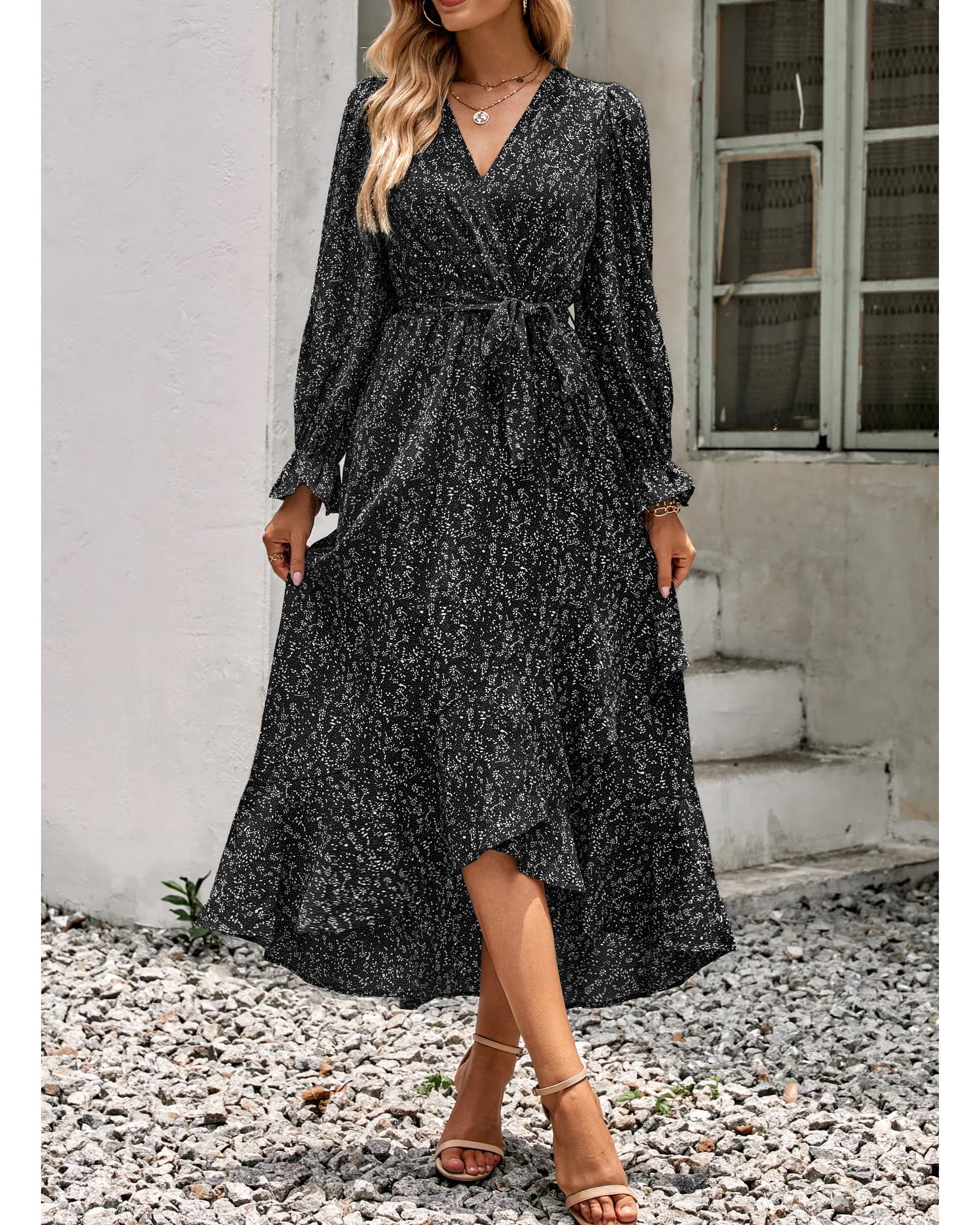 BTFBM Women's Floral V-Neck Long Sleeve Boho Dress - High Waist Ruffle Summer Wedding Guest Dress for Spring & Summer 2025 | Perfect for Garden Parties, Bridal Showers & Casual Events