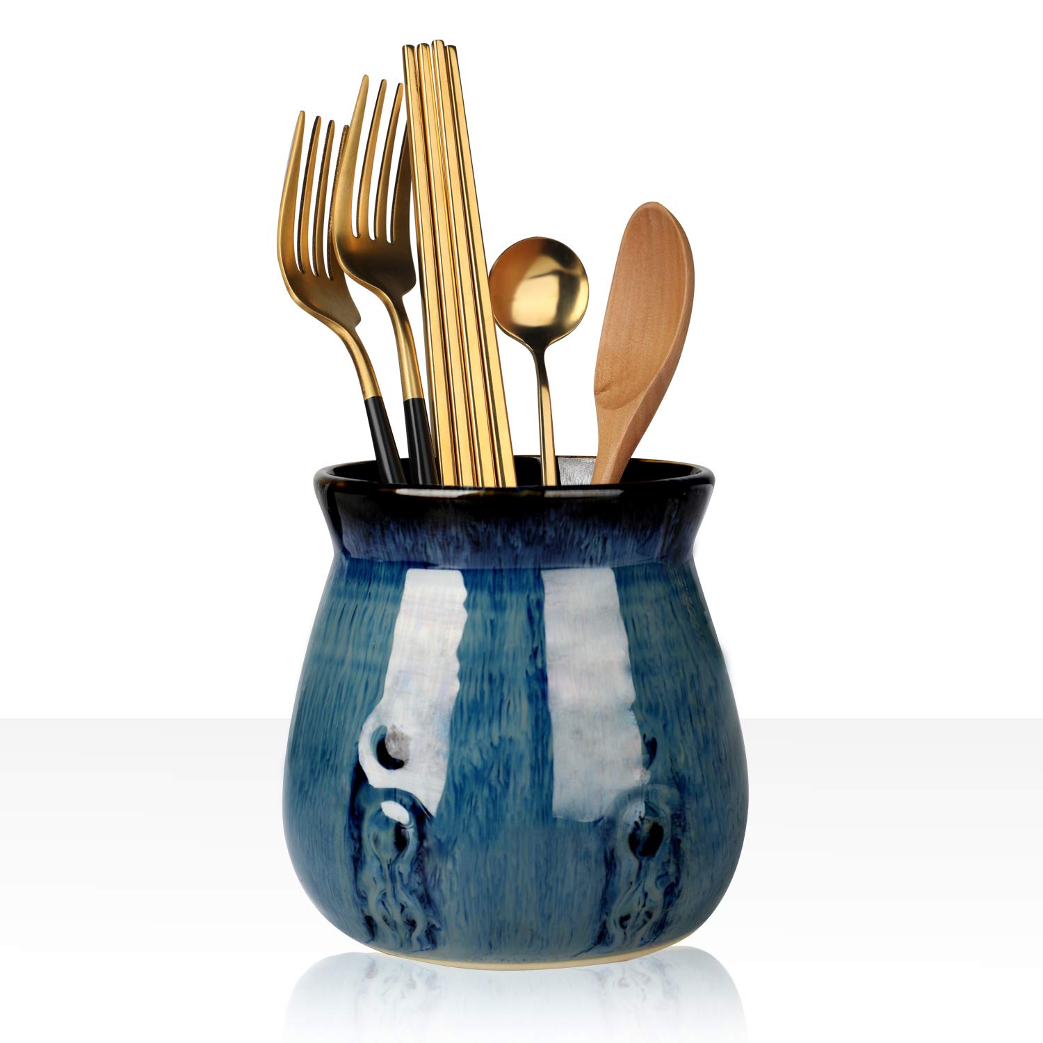HAOTOP 30oz Ceramic Utensil Holder - Porcelain Kitchen Tool Organizer with Gradient Blue Design, Easy to Clean | Perfect for Spoons, Forks & Cooking Utensils Storage on Countertop