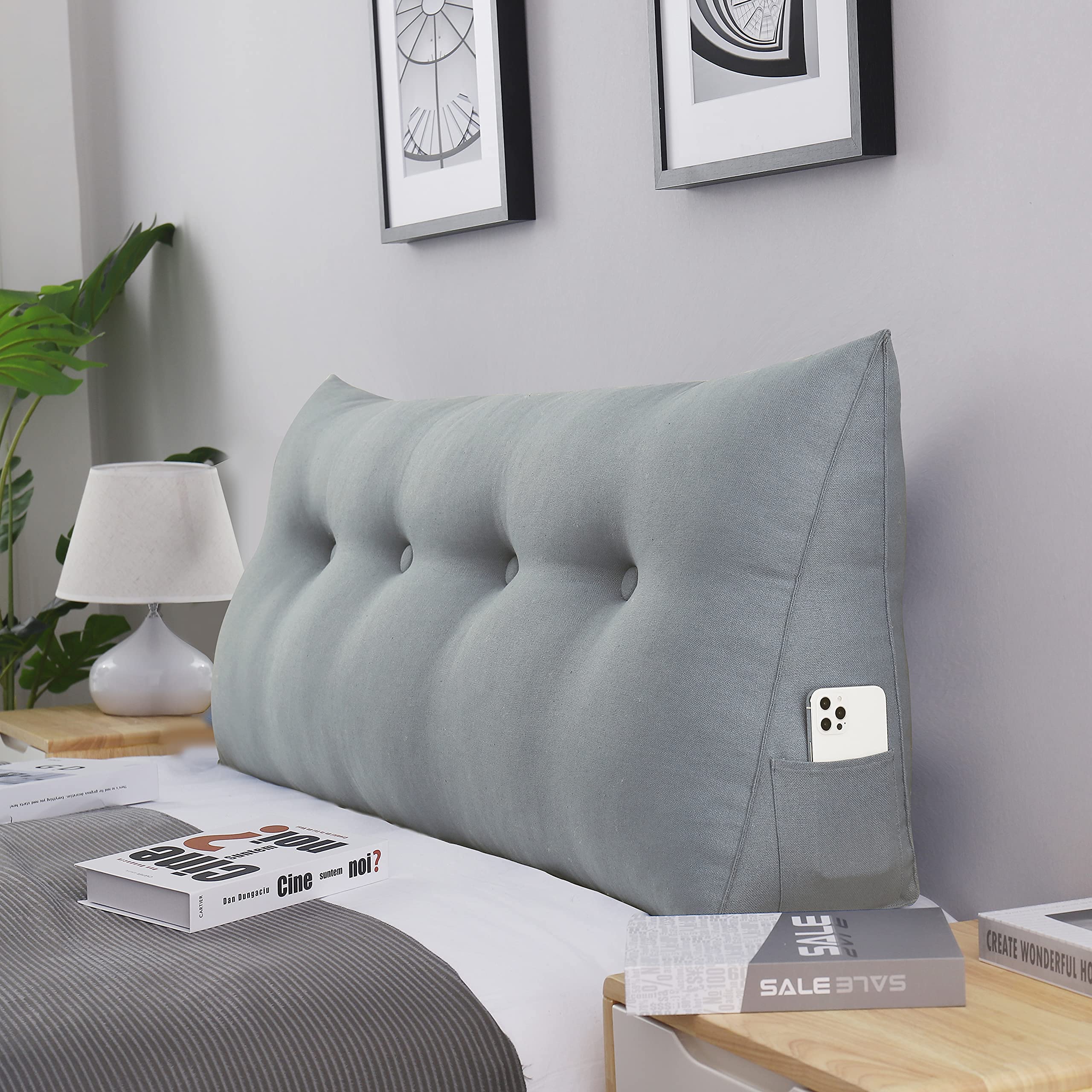 Triangular Headboard Pillow - Full Size Wedge Pillow for Daybeds & Bunk Beds with Removable Cover - Comfortable Bolster Pillow for Back Support - Perfect Gift for Mom (Gray) - Ideal for Reading, Watching TV, and Relaxing in Bed