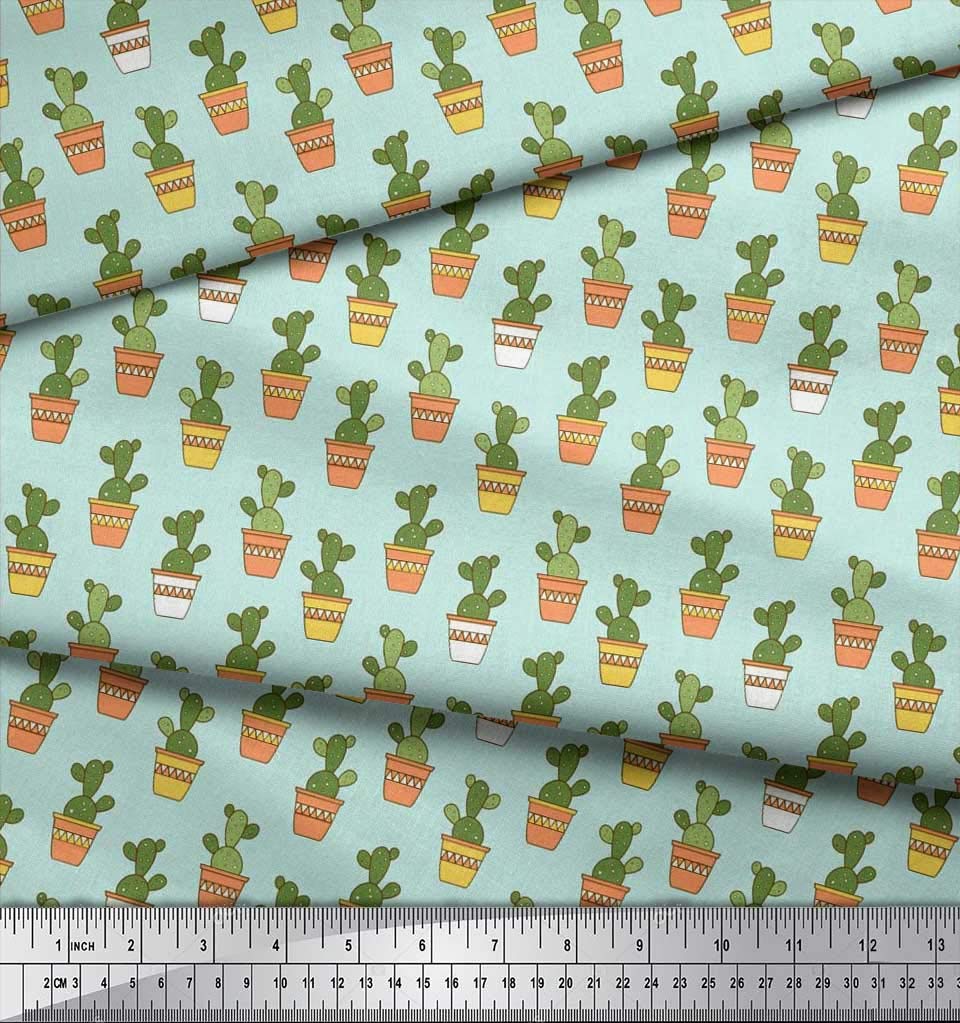 Soimoi 100% Silk Fabric - Pot & Cactus Tree Print - 42 Inch Wide by The Yard - Perfect for DIY Home Decor, Fashion Sewing & Craft Projects