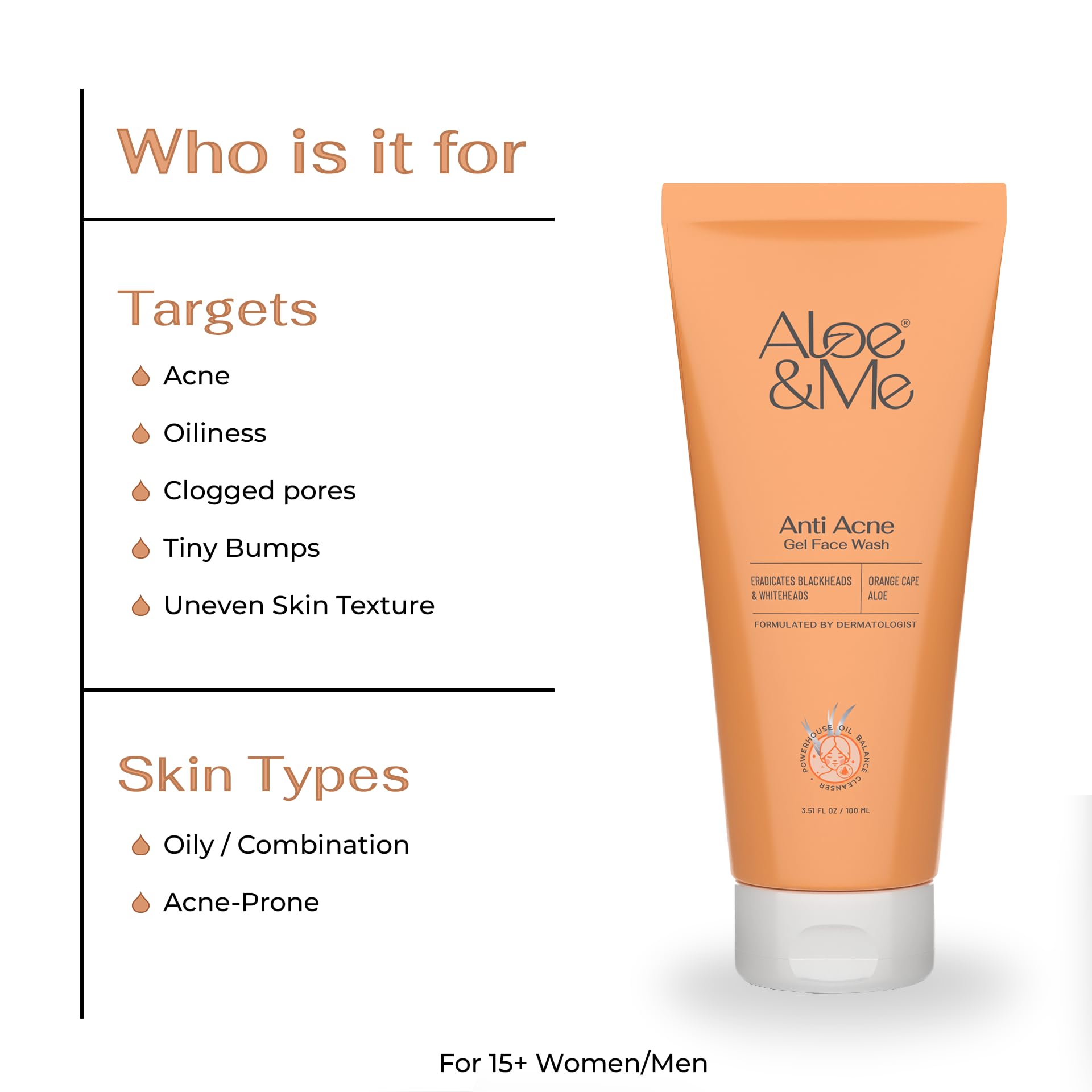 Aloe&Me Daily Gel Face Wash for Oily & Acne-Prone Skin - Sulfate-Free Anti-Acne Cleanser with Orange Cape Aloe to Reduce Breakouts & Unclog Pores (100ml) | Gentle Daily Cleansing for Clear, Healthy Skin | Perfect for Morning & Night Skincare Routine