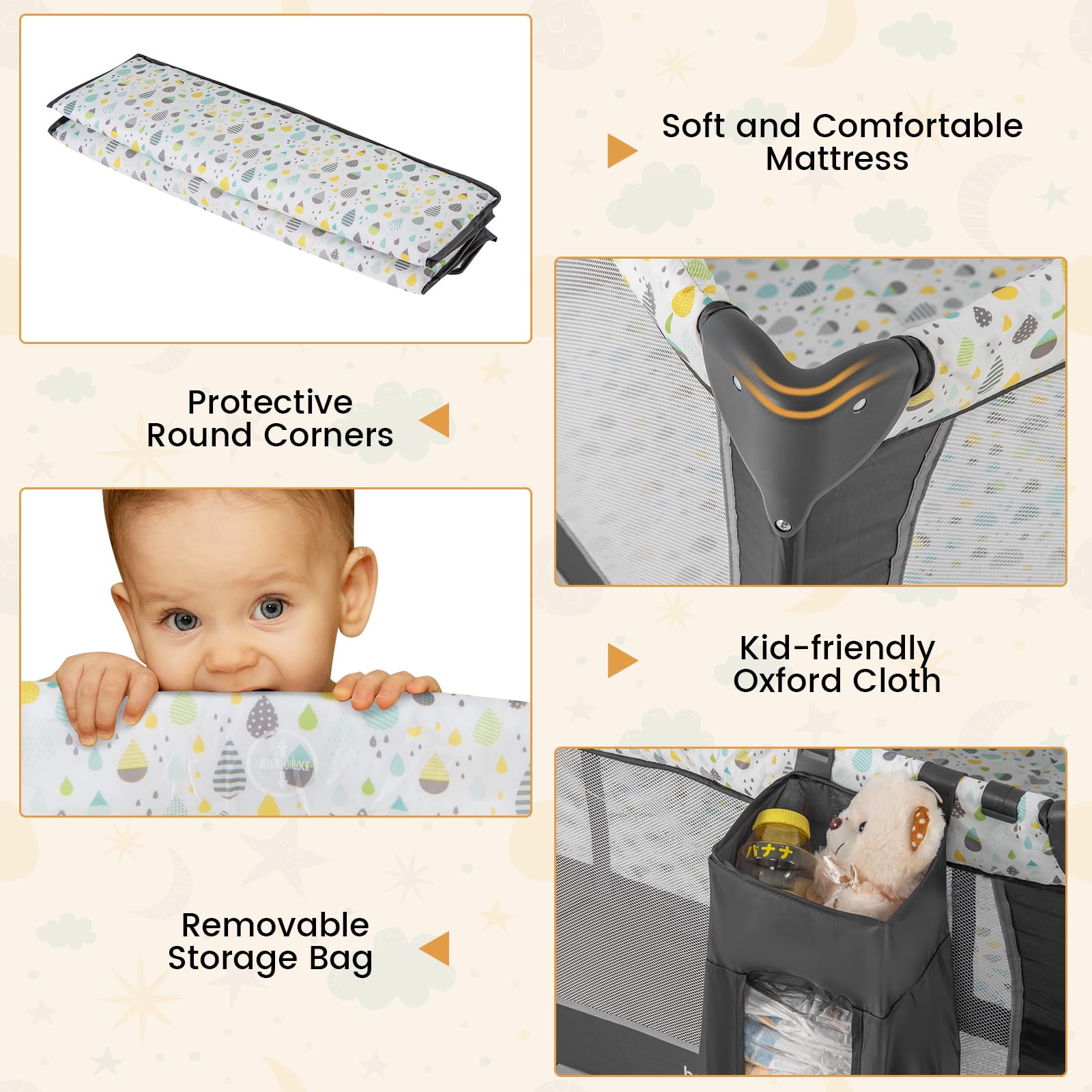 BABY JOY 3-in-1 Portable Playard with Bassinet & Changing Table - Foldable Travel Crib with Lockable Wheels & Soothing Music Box - Ideal for Newborn to Toddler - Perfect for Nursery, Travel & Daycare Use