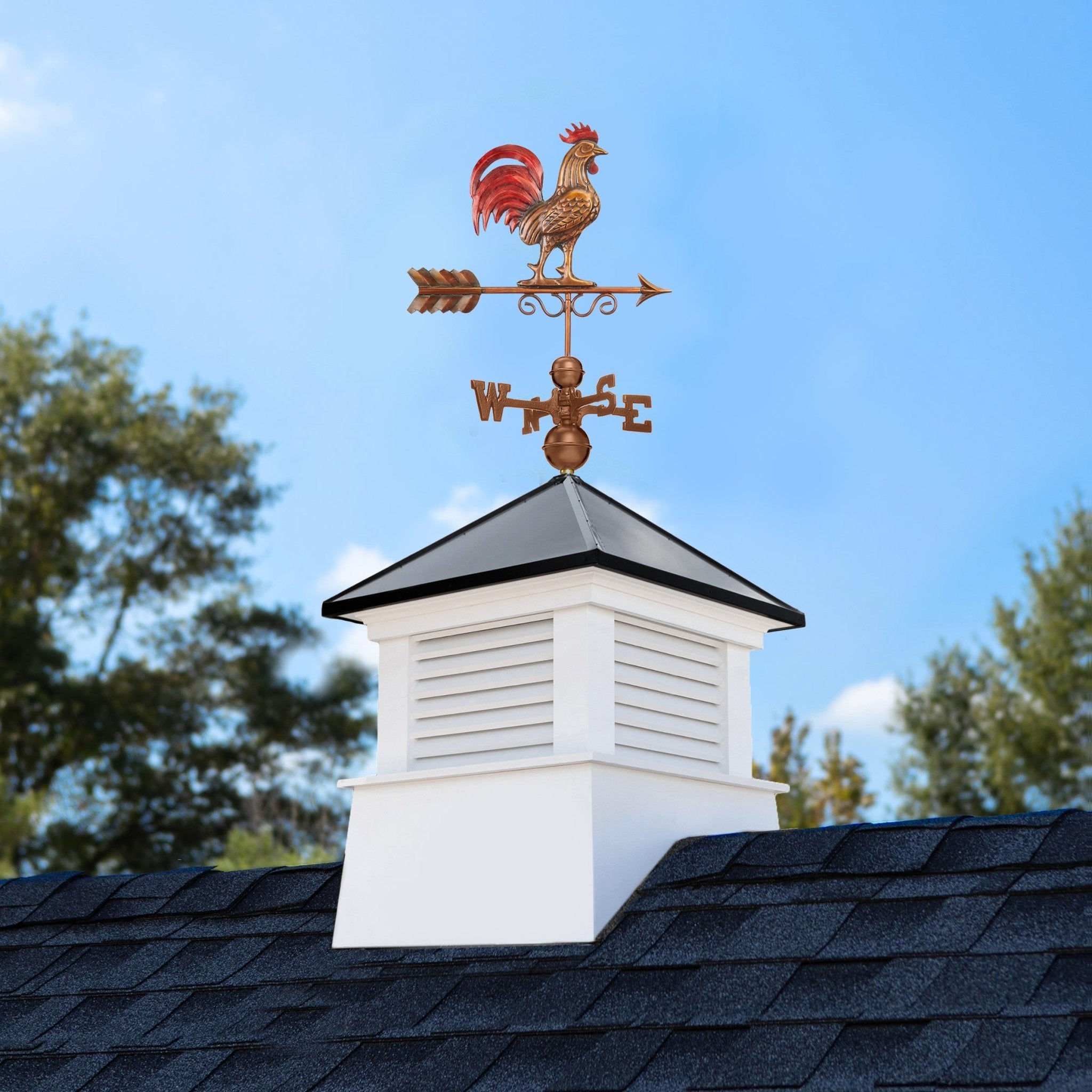 30 Square Manchester Vinyl Cupola with Black Aluminum Roof & Red Rooster Weathervane - Decorative Barn Roof Vent for Farmhouse, Garden, and Countryside Decor