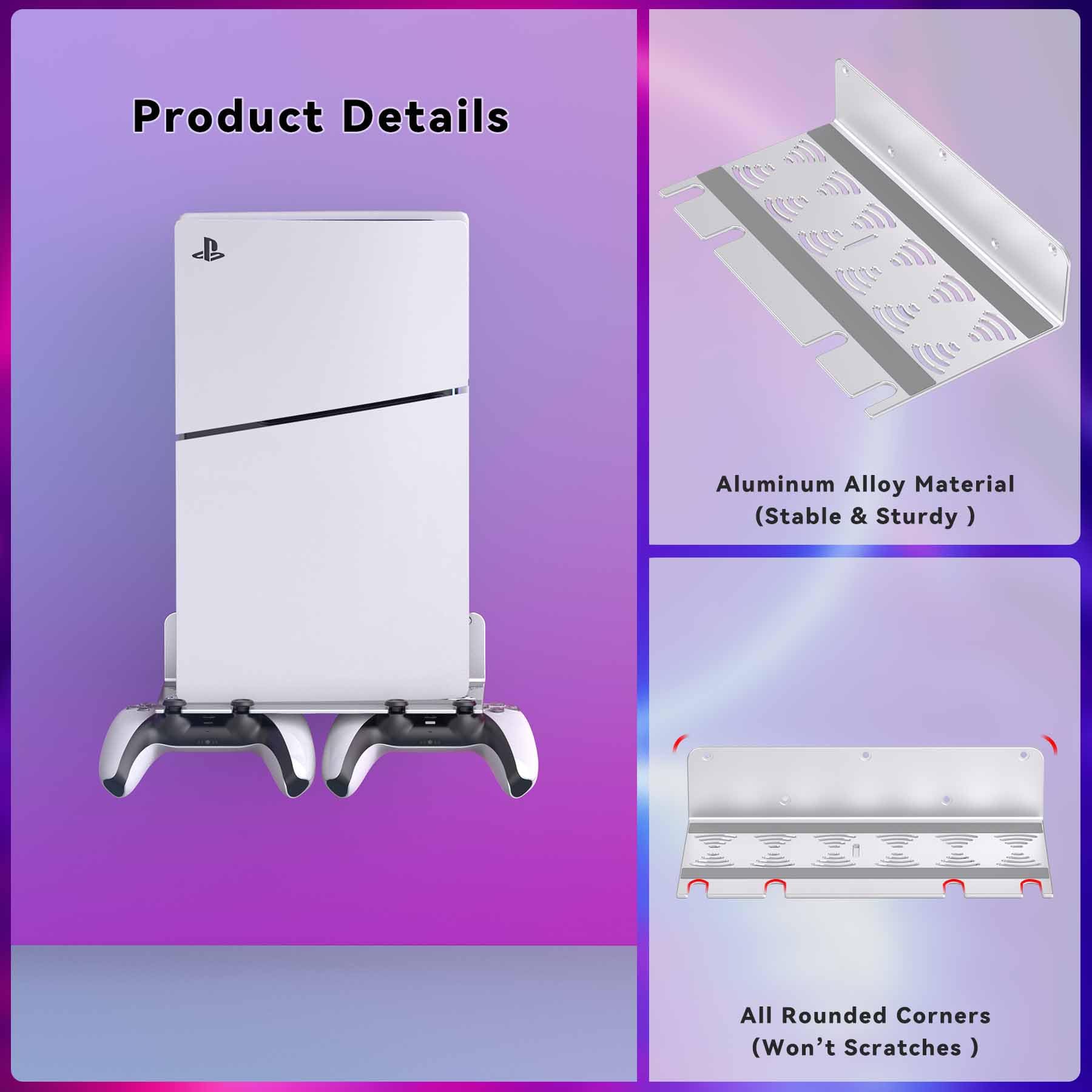 PS5 Slim/Pro/Original Wall Mount Kit - Aluminum Space-Saving Wall Stand for All PS5 Models & Controllers | Enhanced Heat Dissipation | Silver Finish | Perfect for Gaming Rooms & Small Spaces
