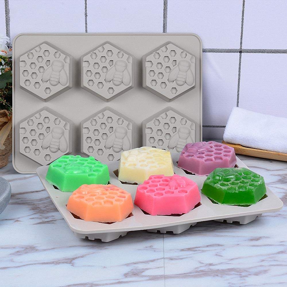 2Pcs 3D Hexagon Honeycomb Soap & Cake Molds - Beehive Silicone Baking Pan for Chocolate, Candy, Biscuits & Muffins - 6-Cavity Ice Cube Tray (Gray) - Perfect for DIY Desserts, Party Treats & Handmade Soap Crafts