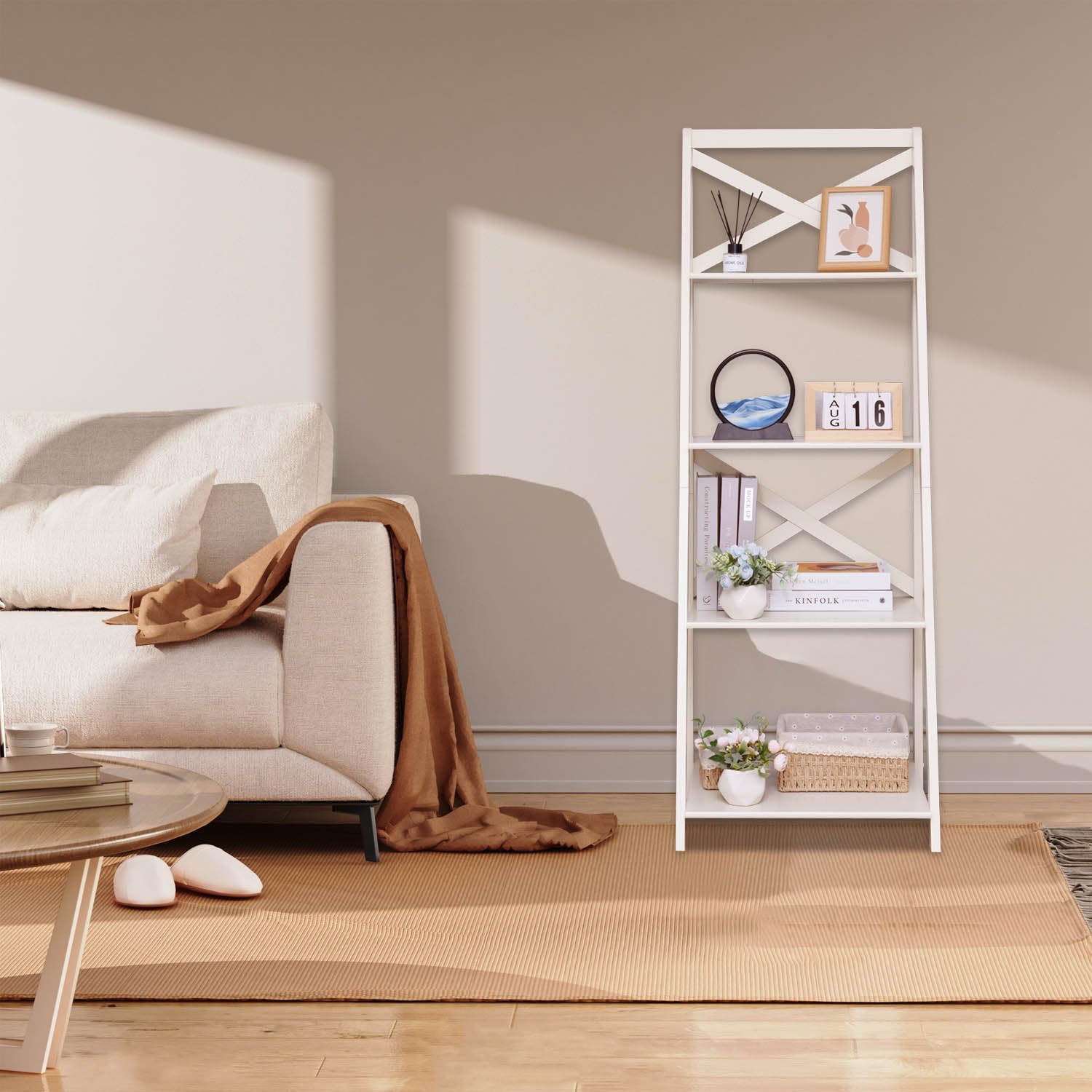 4-Tier Ladder Bookshelf - Tall Standing Wooden Display Shelf for Living Room, Bedroom, Office | Leaning Bookcase & Plant Shelf for Home Decor & Storage