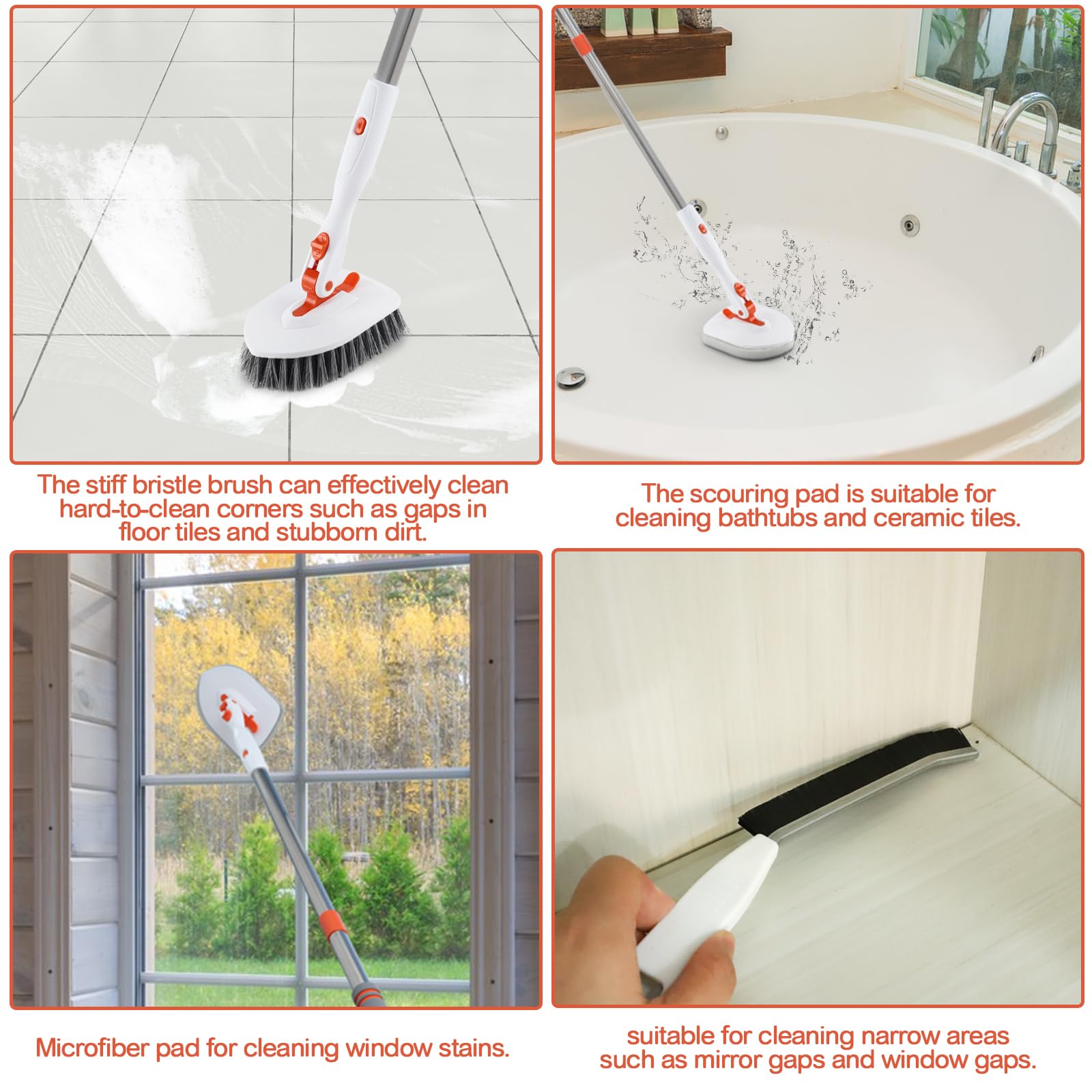 3 in 1 Tub Tile Scrubber Brush with 52 Inch Long Handle - Bathroom Shower Cleaning Brush with Locked Head for Kitchen, Toilet, Wall & Sink - Perfect for Hard-to-Reach Areas and Deep Cleaning Grout Lines