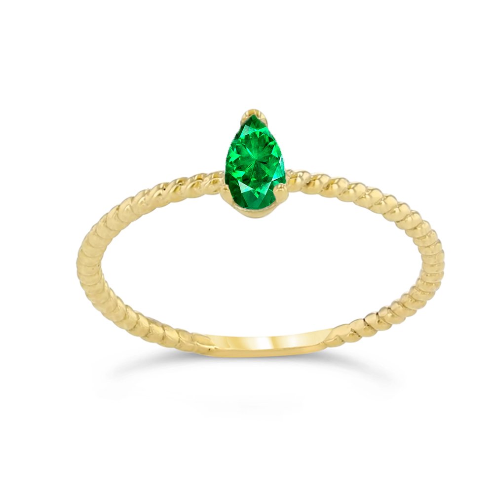 14K Yellow Gold Solitaire Emerald Pear-Shaped Engagement Ring for Women - Size 9, Dainty Rope Band, Modern Wedding Jewelry - Perfect for Proposals, Anniversaries & Special Occasions