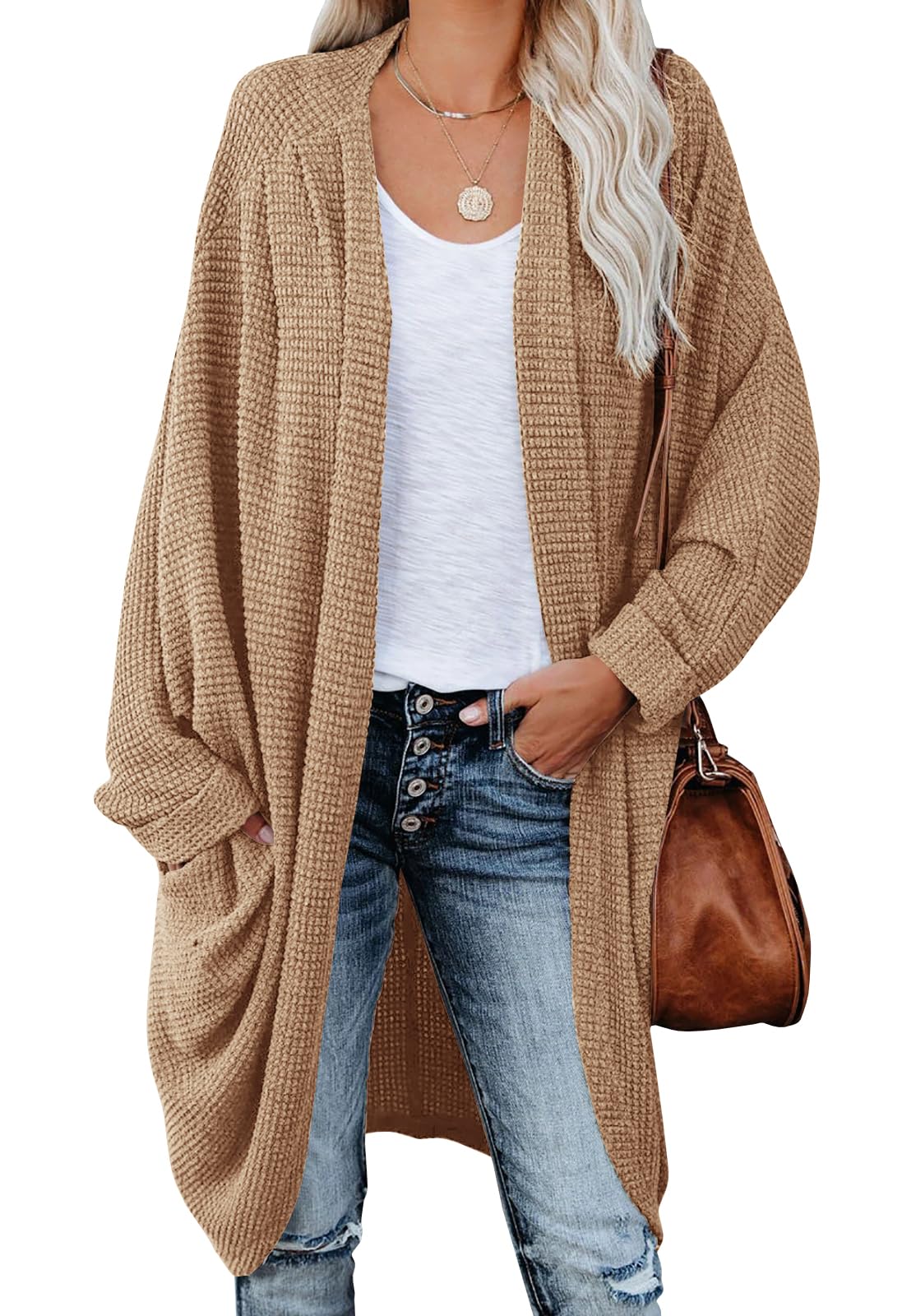 ZoeAce Women's Open Front Knit Cardigan - Long Batwing Sleeve Oversized Chunky Waffle Cable Sweater with Boho Pockets | Perfect for Fall Layering, Coffee Dates & Cozy Home Wear