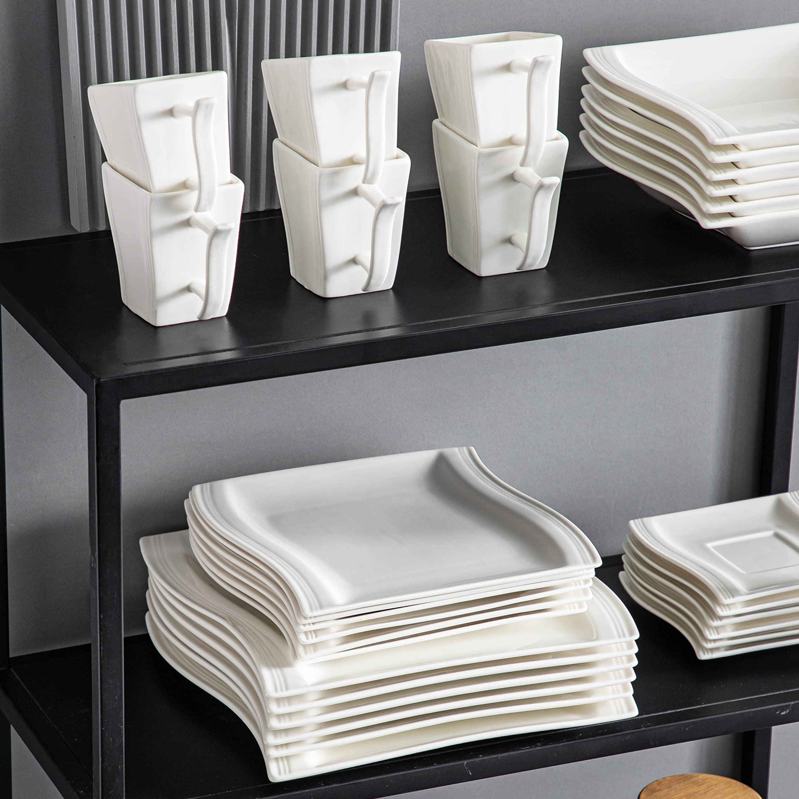 MALACASA 60-Piece Ivory White Porcelain Dinnerware Set for 12 - Dinner Plates, Bowls, Cups & Saucers, Square Dishes - Flora Series | Elegant Table Setting for Weddings, Holidays & Fine Dining