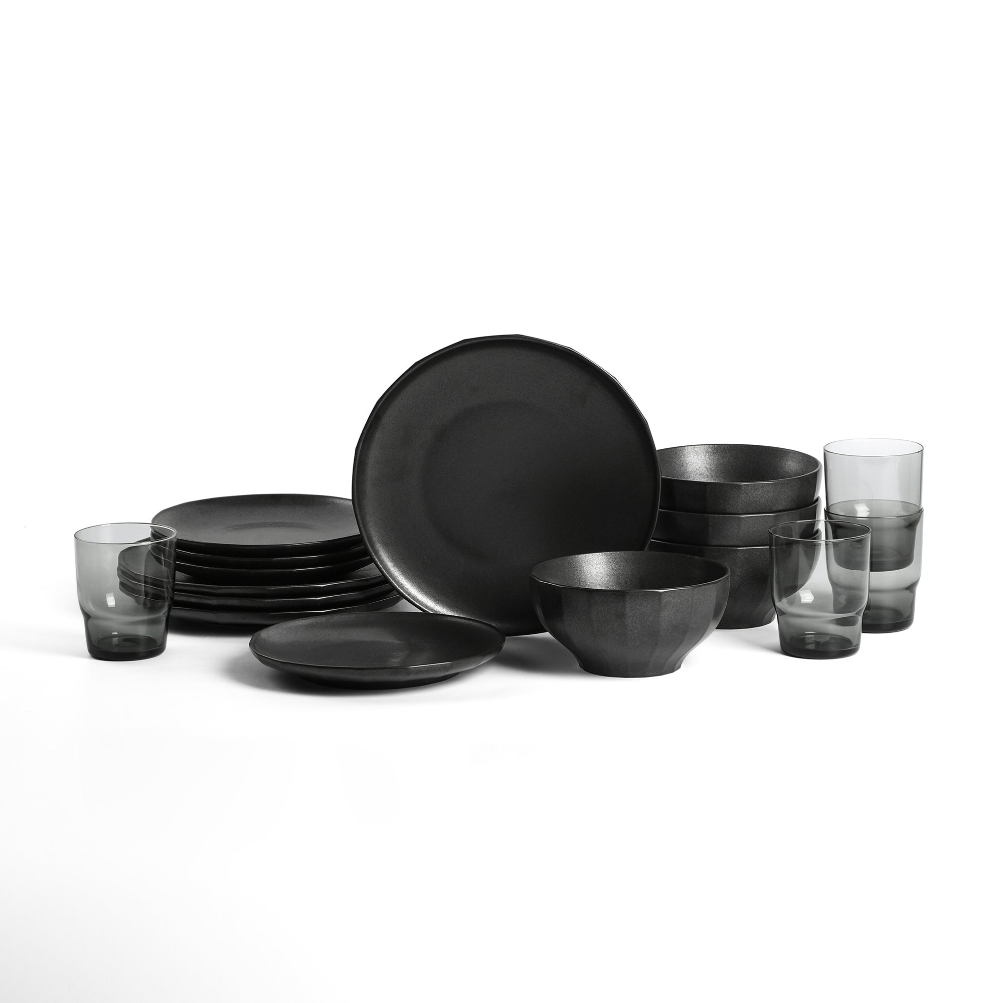 Premium Rio Stoneware Dinnerware Set with Elegant Glassware - 16-Piece Black Tableware for Stylish Dining, Perfect for Dinner Parties & Everyday Use