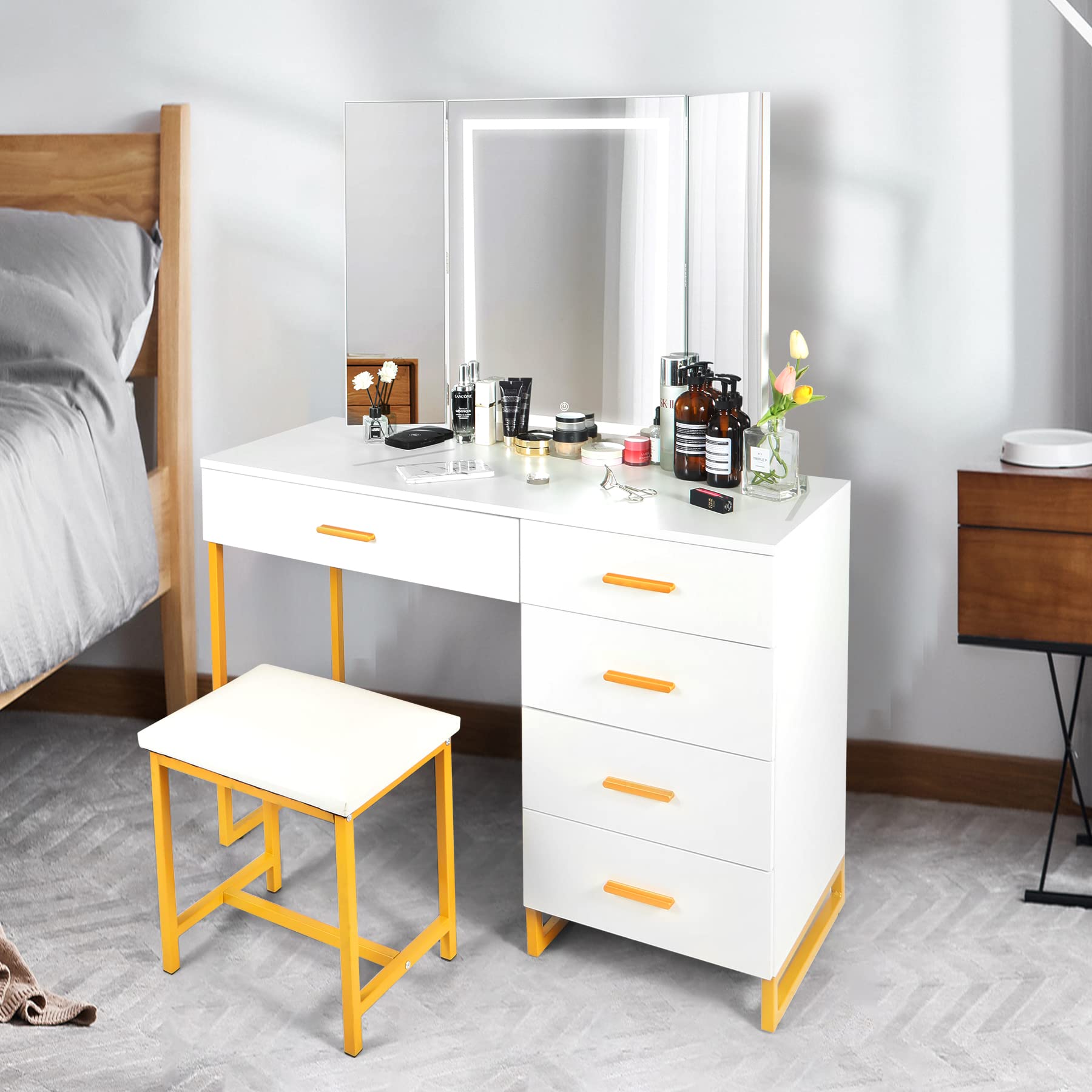 Vanity Desk with Mirror and Lights - Makeup Vanity Set with Cushioned Stool, Storage Shelves & 5 Drawers for Bedroom (White) | Perfect for Dressing Room, Beauty Salon & Home Decor