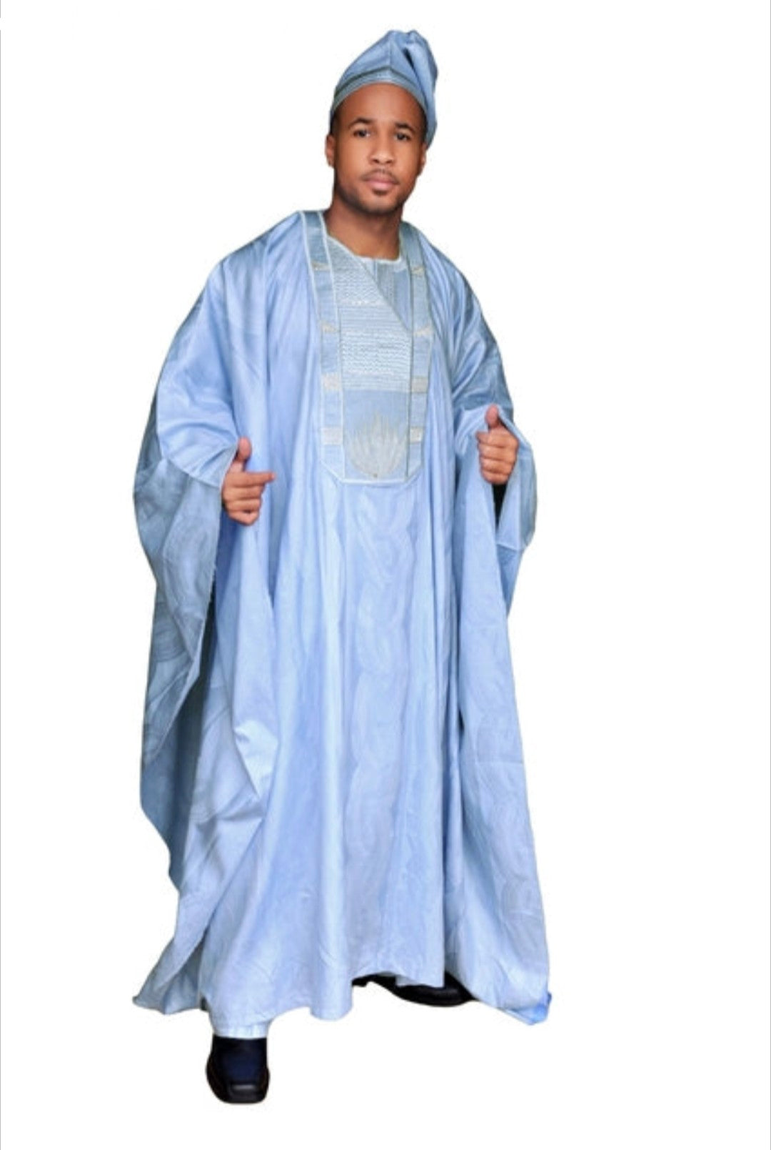 Premium 3-Piece Rankii Blue African Brocade Agbada Grand Boubou Robe Set | Traditional Nigerian Wedding Attire & Special Occasion Outfit | DPAGBB5 | Perfect for Weddings, Cultural Events & Festive Celebrations