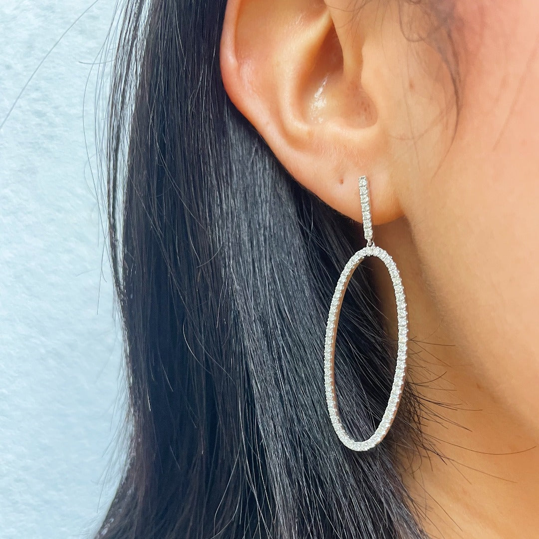 1.20ctw Diamond Pavé 14K White Gold Oval Drop Earrings for Women - Elegant Dangle Earrings for Wedding, Party & Special Occasions