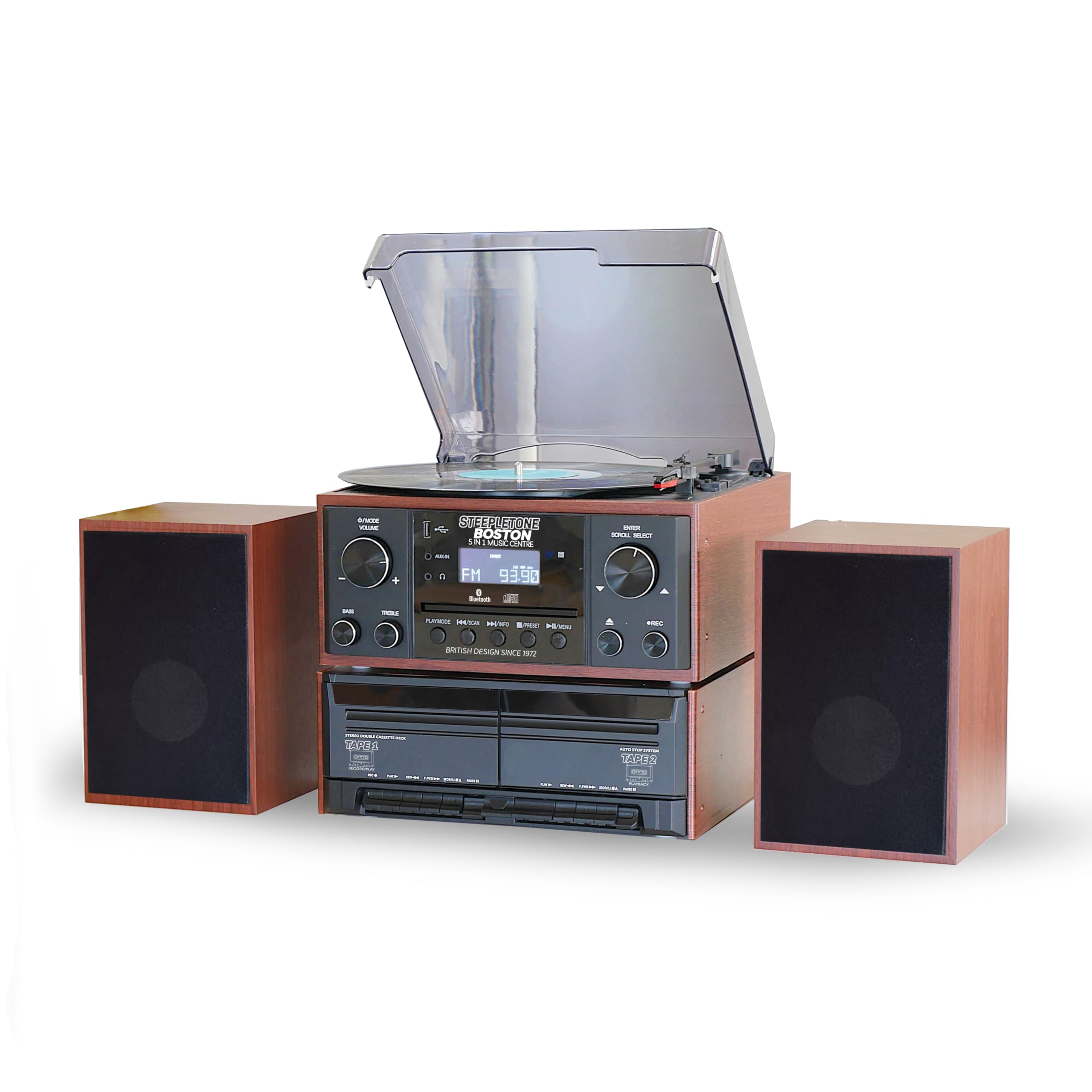 Steepletone BOSTON Black 5-in-1 Bluetooth Music Center - Vinyl Record Player, CD Player, Cassette Deck, FM Radio with Aux Input | USB MP3 Playback & Recording | Remote Control & Stereo Speakers | Perfect for Home Entertainment & Vintage Music Lovers