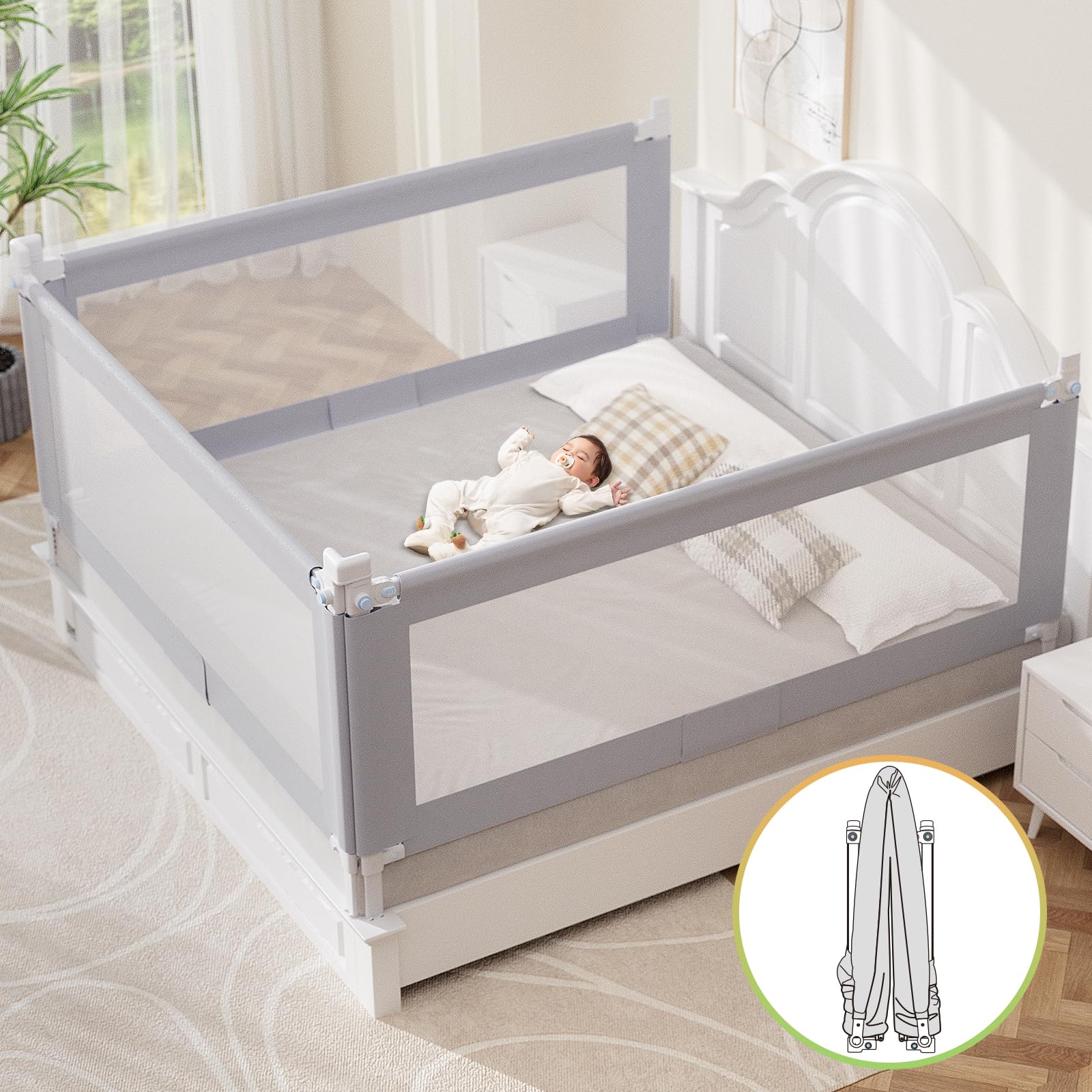 OMZER Foldable Baby Bed Rail Guard with Child Lock - Adjustable Height Toddler Safety Rail for Queen Size Beds (3-Pack, 78.7x78.7x59