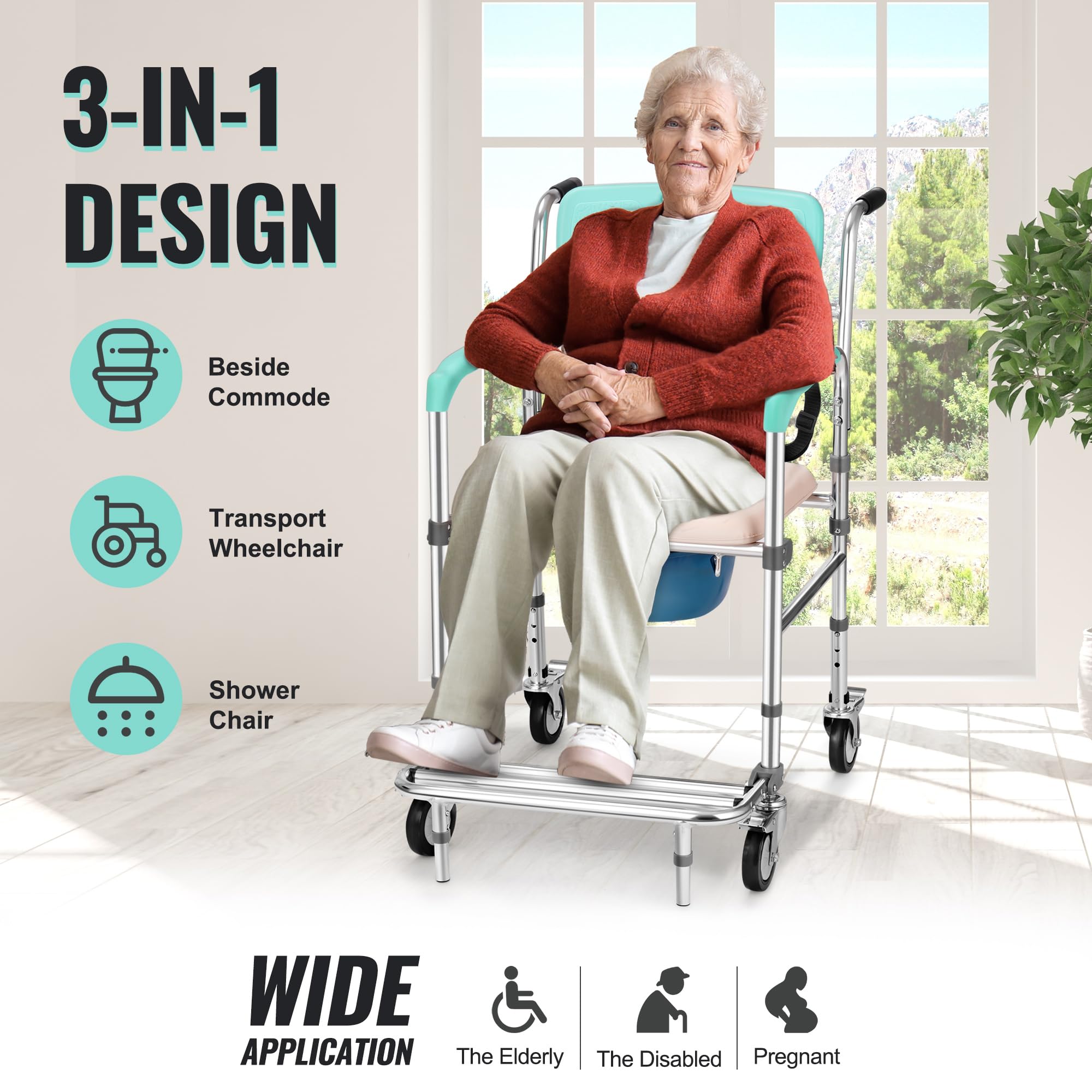 Rengue 3-in-1 Rolling Shower Chair with Wheels - Adjustable Transport Commode with Padded Seat & Detachable Bucket - 330lbs Weight Capacity - Ideal for Elderly Care, Post-Surgery Recovery & Bathroom Safety
