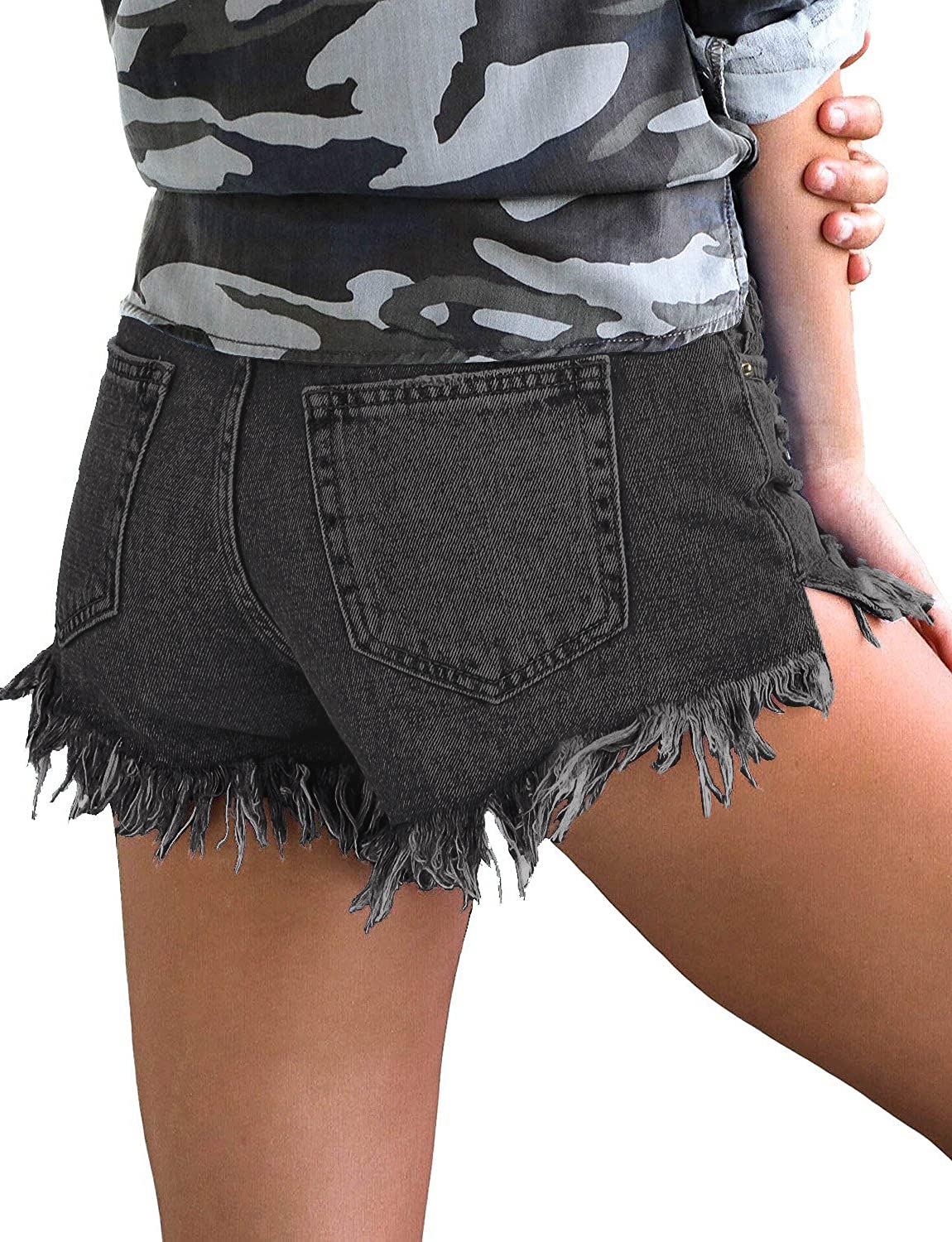 LookbookStore Women's Mid Rise Frayed Ripped Raw Hem Denim Jean Shorts | Distressed Denim Shorts for Women | Casual Summer Outfits, Beach Wear & Street Style Fashion