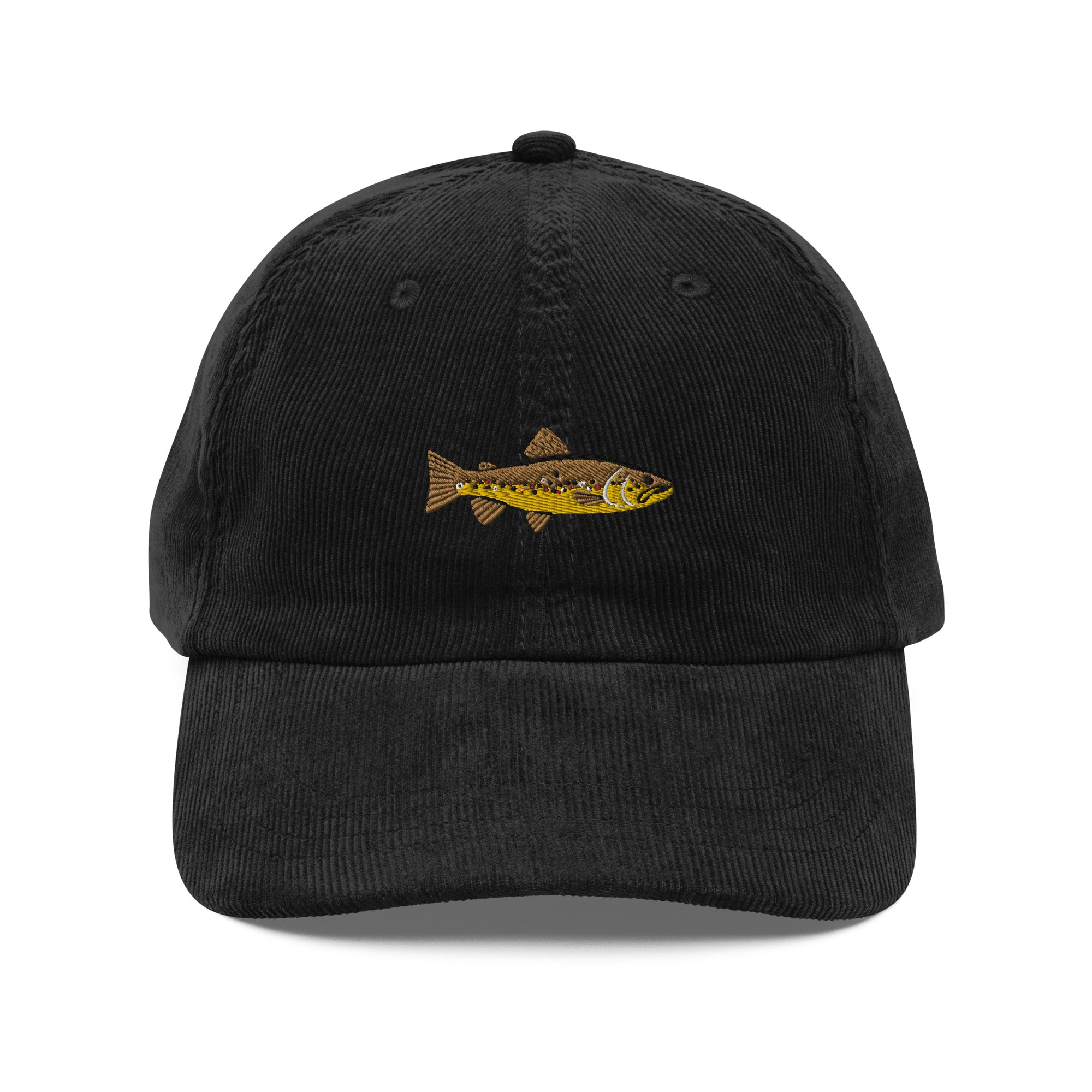 Brown Trout Embroidered Corduroy Dad Hat - Vintage Fishing Cap for Men - Perfect for Outdoor Adventures, Hiking & Casual Wear