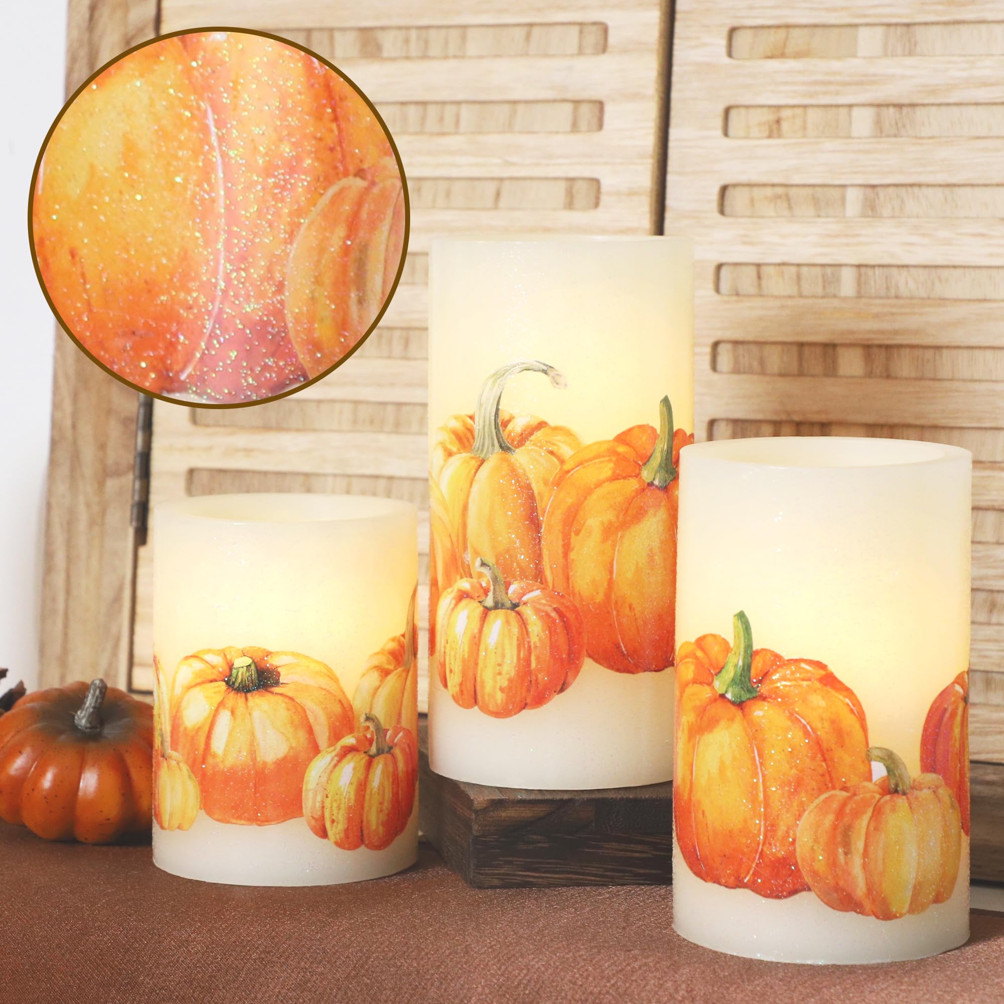 Impress Life Fall Harvest Pumpkin Flameless LED Candles - 3 Pack Realistic Flickering Candles with Remote & Timer for Halloween, Thanksgiving, Home Decor | Perfect for Bedroom, Dining Table, and Party Centerpieces