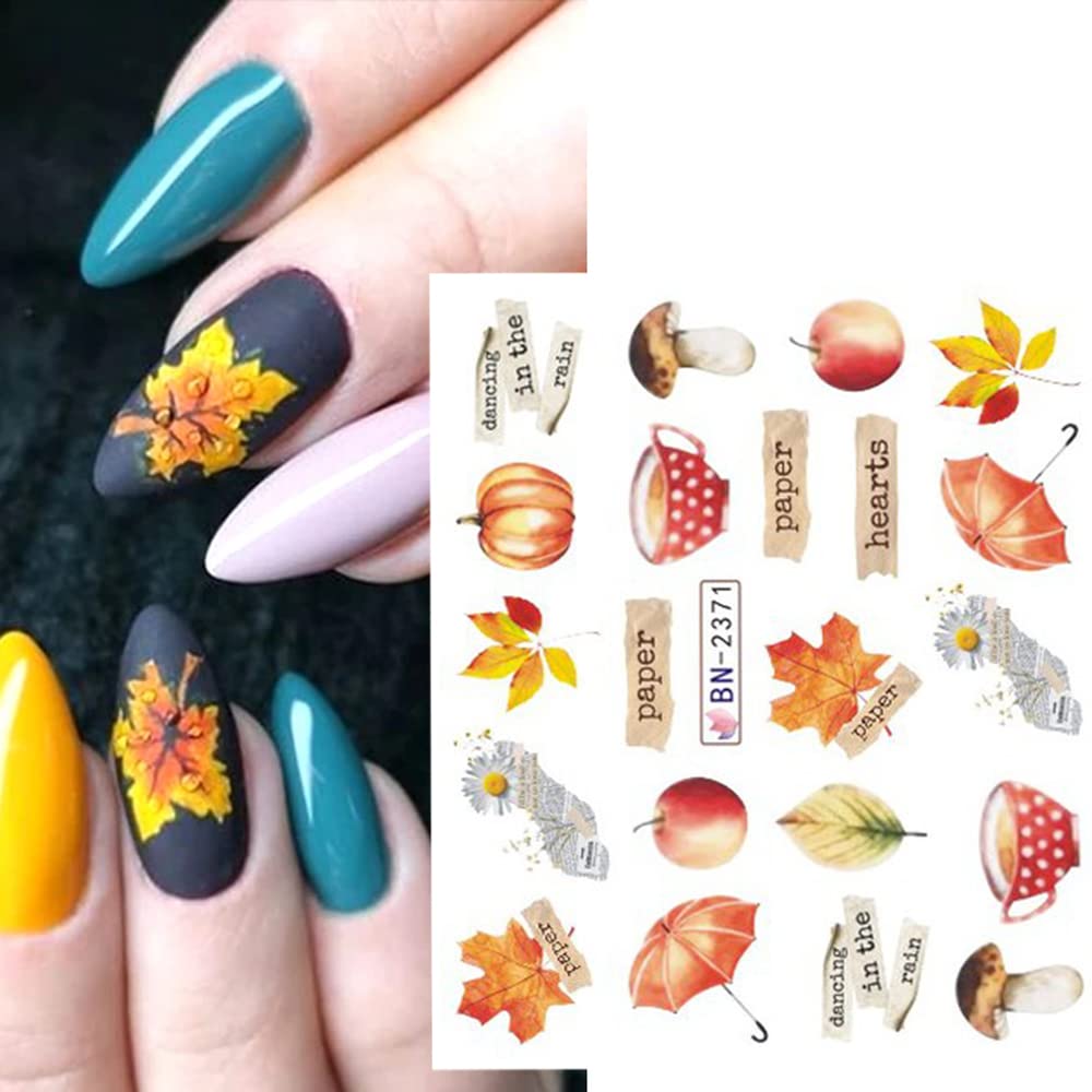 3D Fall Maple Leaf Nail Art Stickers - Autumn Water Transfer Nail Decals with Squirrel Design (12 Sheets) | Acrylic Nail Supplies for Women | Perfect for Thanksgiving, Halloween & Seasonal Nail Art Designs