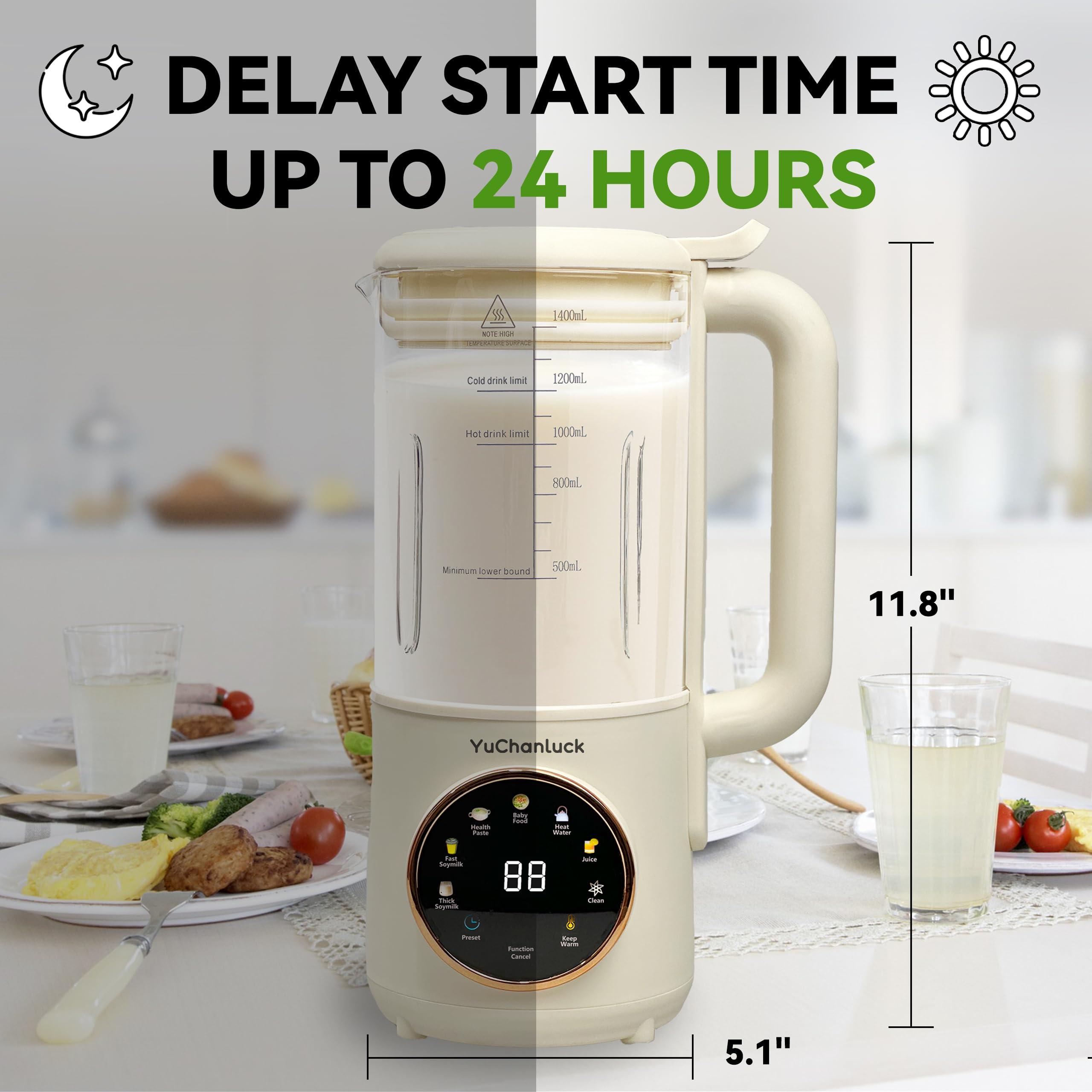 Electric Nut Milk Maker Machine 47oz - Homemade Almond, Soy, Oat & Coconut Milk Maker with Self-Cleaning, 24H Timer & Keep Warm - Perfect for Vegan, Dairy-Free Diets & Baby Food Preparation at Home