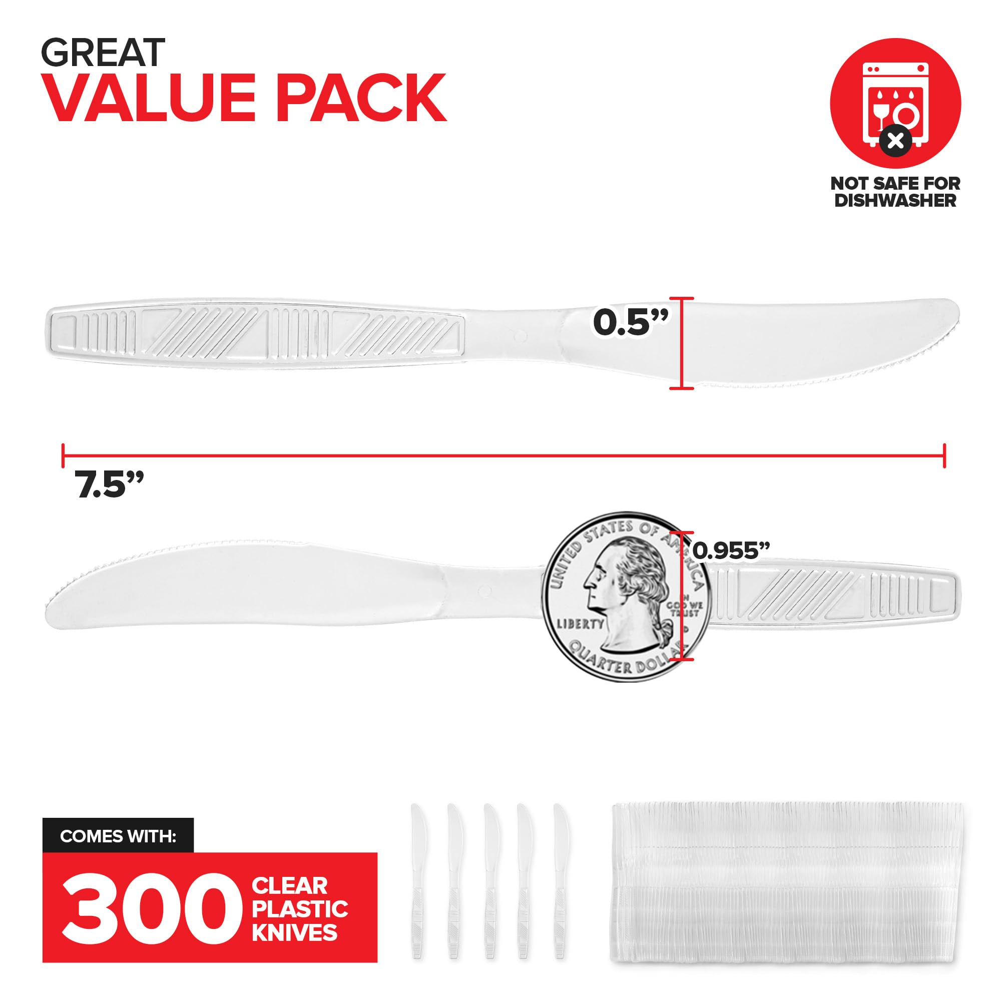 Heavy Duty Clear Plastic Knives 300 Pack - Disposable Bulk Plasticware for Parties, Picnics, Catering & Events - Durable Plastic Utensils for Home, Office & Restaurant Supplies