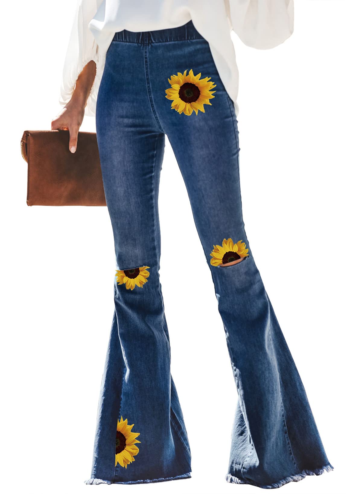 Sidefeel Women's High Waist Ripped Sunflower Patchwork Bell Bottom Jeans - Stretch Denim Pants with Elastic Waist (XL, Sky Blue) | Retro 70s Style, Casual Outfit, Festival Fashion