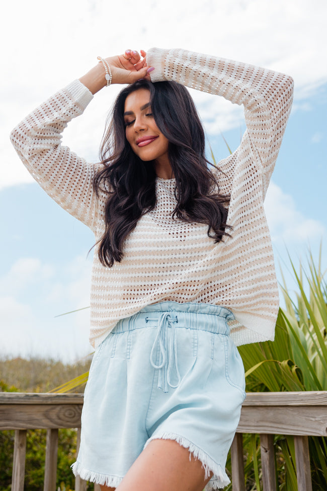 On The Coast Ivory and Beige Striped Boatneck Sweater for Women - Soft Knit Pullover Top - Casual Beachwear & Fall Layering Essential