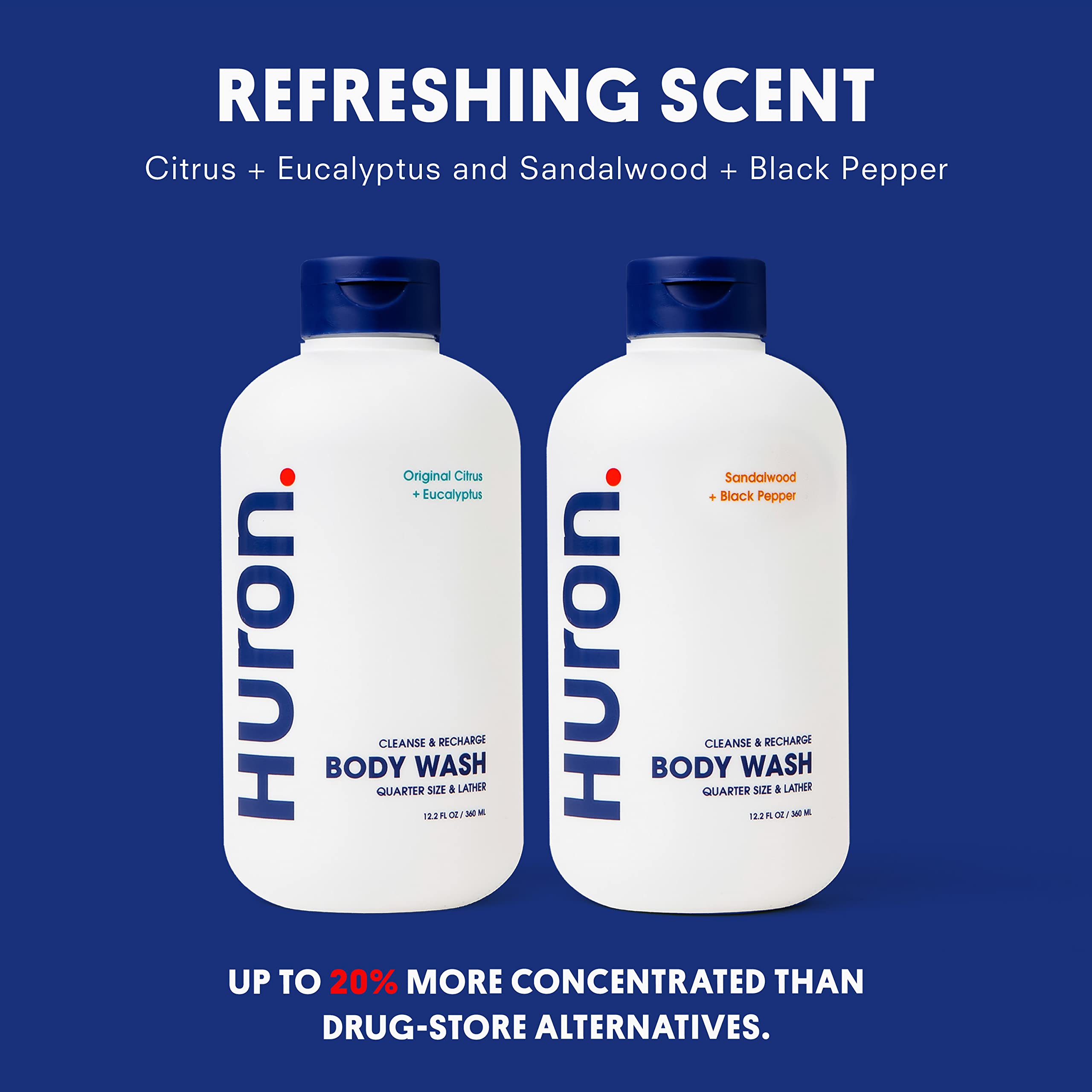 Huron Men’s Moisturizing Body Wash - Sandalwood, Black Pepper & Cedarwood Scent - Coconut Oil, Vitamin E & Witch Hazel - Vegan & Cruelty-Free - 12.2 fl oz (2 Pack) - Perfect for Shower & Gym Use