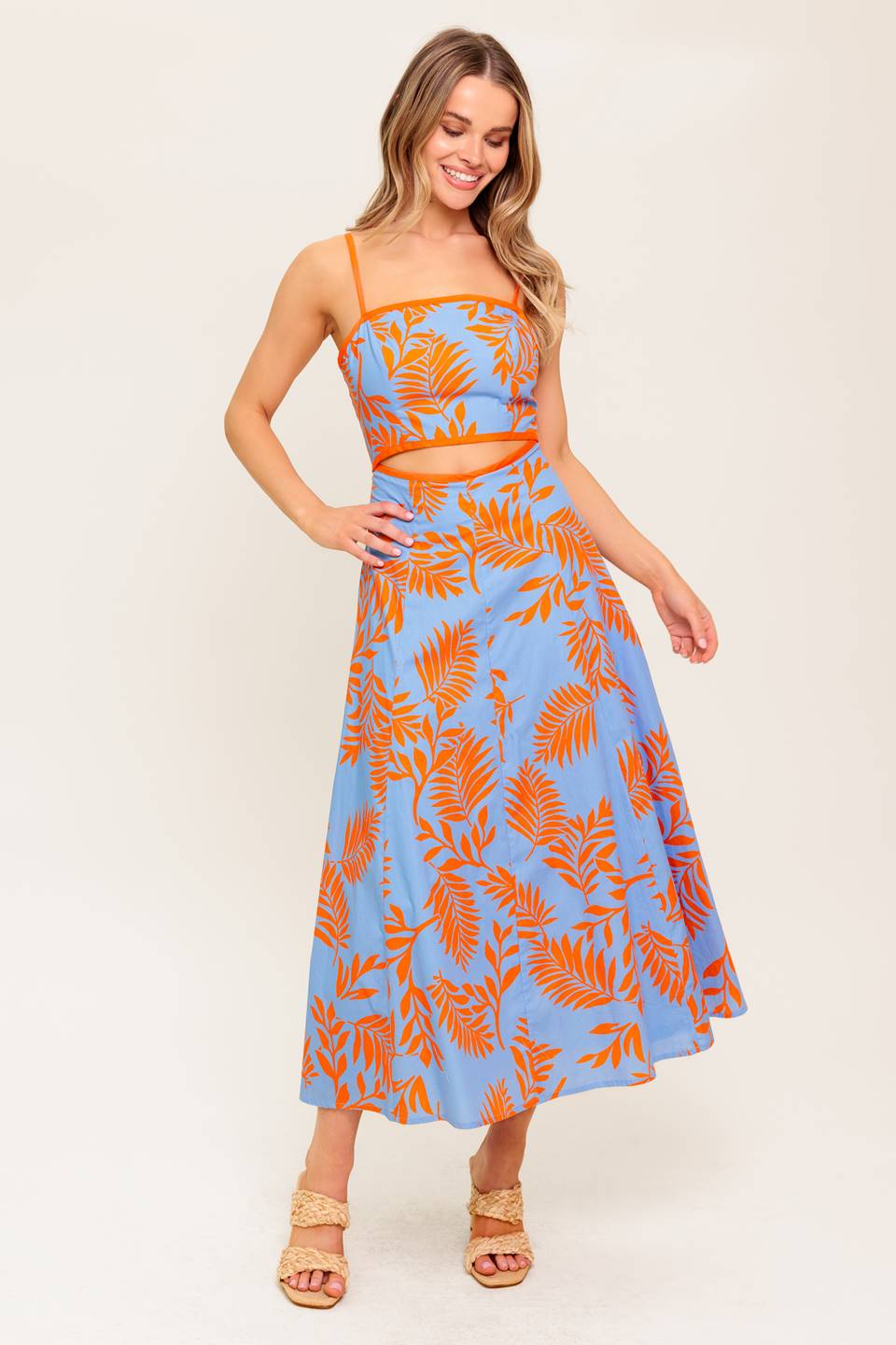 Stylish Apricot Sunset Cut-Out Midi Dress for Women | Flowy Summer Dress for Beach, Party & Date Night