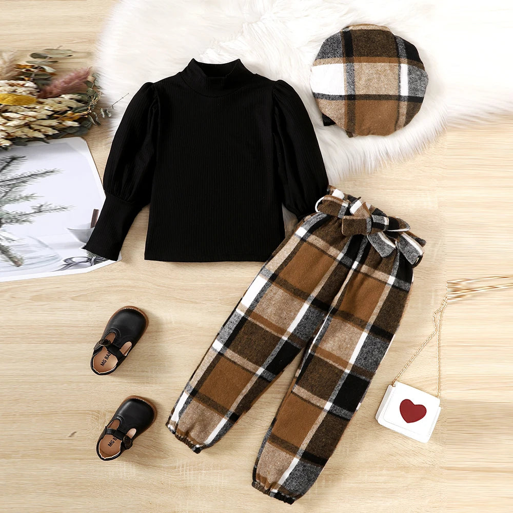 18M-6Y Girls Autumn Outfit Set - Solid Color Puff Sleeve Top + Bow Plaid Pants + Hat 3-Piece Fashion Ensemble | Perfect for Fall Festivals, Photo Shoots & Special Occasions