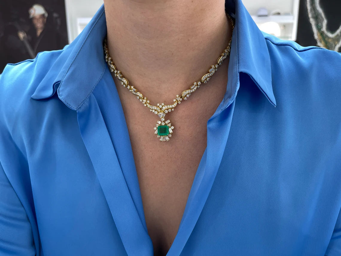 17.20tcw Colombian Emerald & Multi-Cut Diamond Statement Necklace | Luxury Jewelry for Women, Elegant Gift for Weddings & Special Occasions