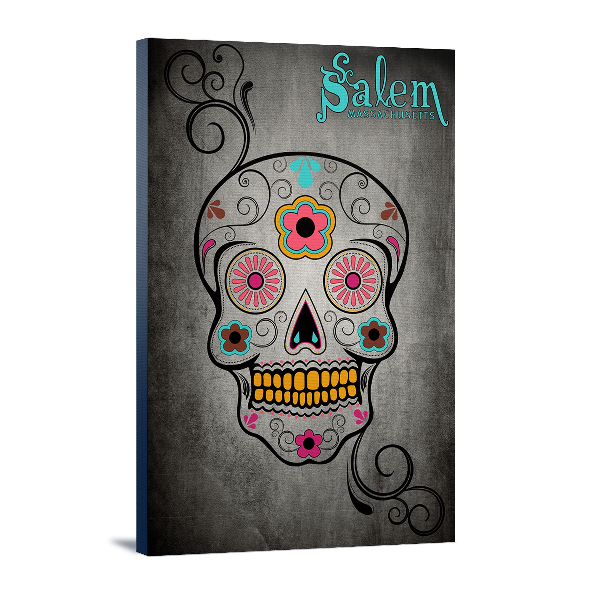 Lantern Press Salem Massachusetts Sugar Skull Art Print - 16x24 Wrapped Canvas Wall Decor for Home, Office & Halloween Party Decoration