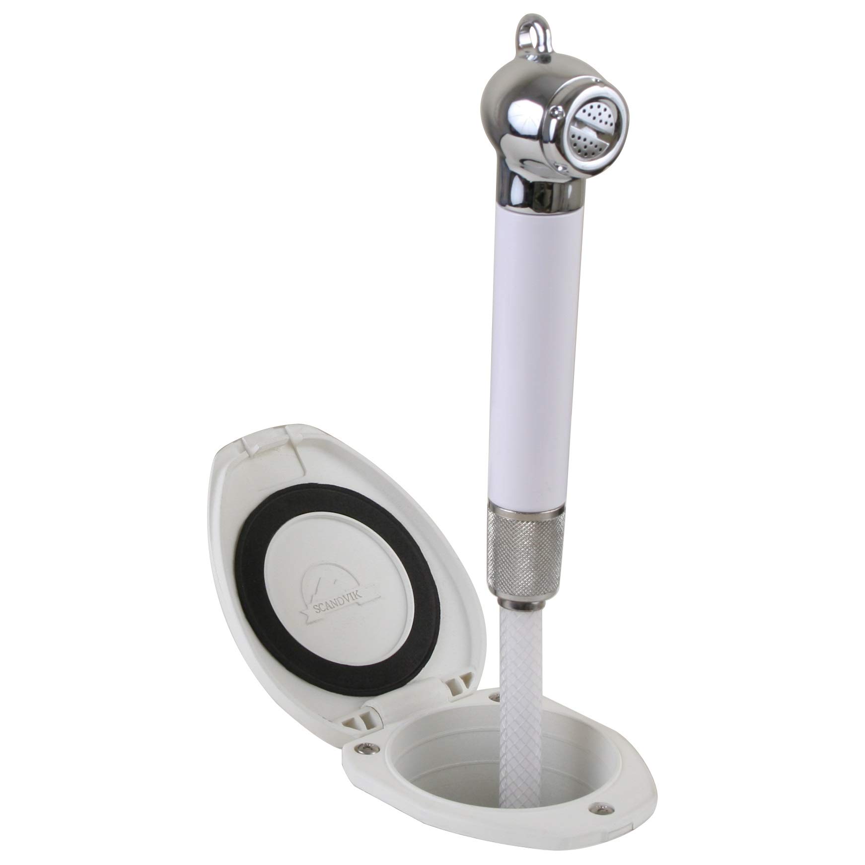 Scandvik Recessed Shower Head with 6-Foot White Hose - Push-Button On/Off for Easy Bathing & Cleaning - Perfect for Small Bathrooms, RVs, and Pet Washing Stations