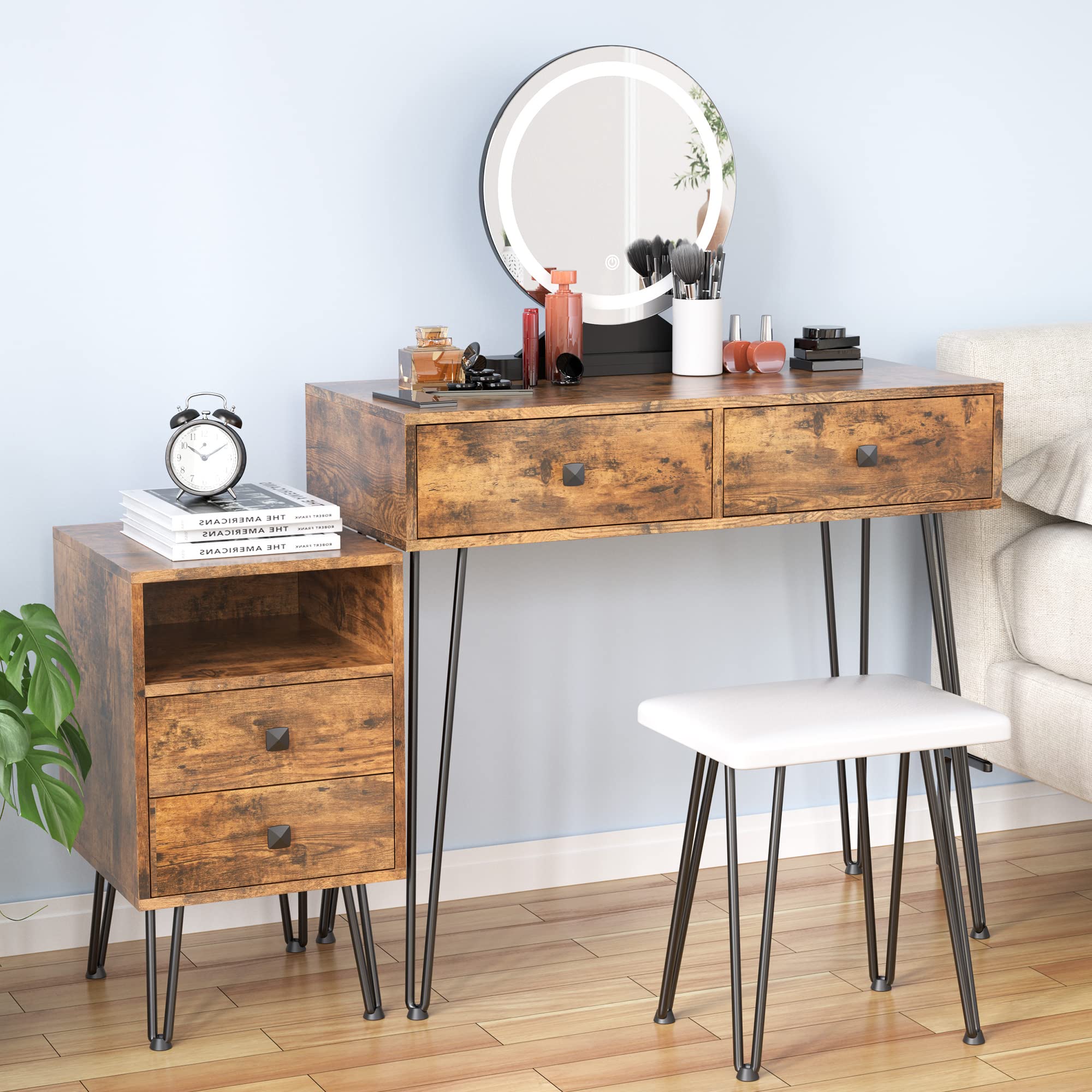 Rustic Brown Vanity Desk with Lighted Mirror - Adjustable Makeup Dressing Table with Cabinet & Drawers, Vanity Set with Cushioned Chair for Bedroom & Makeup Room | Perfect for Home Decor, Bridal Dressing & Beauty Routine
