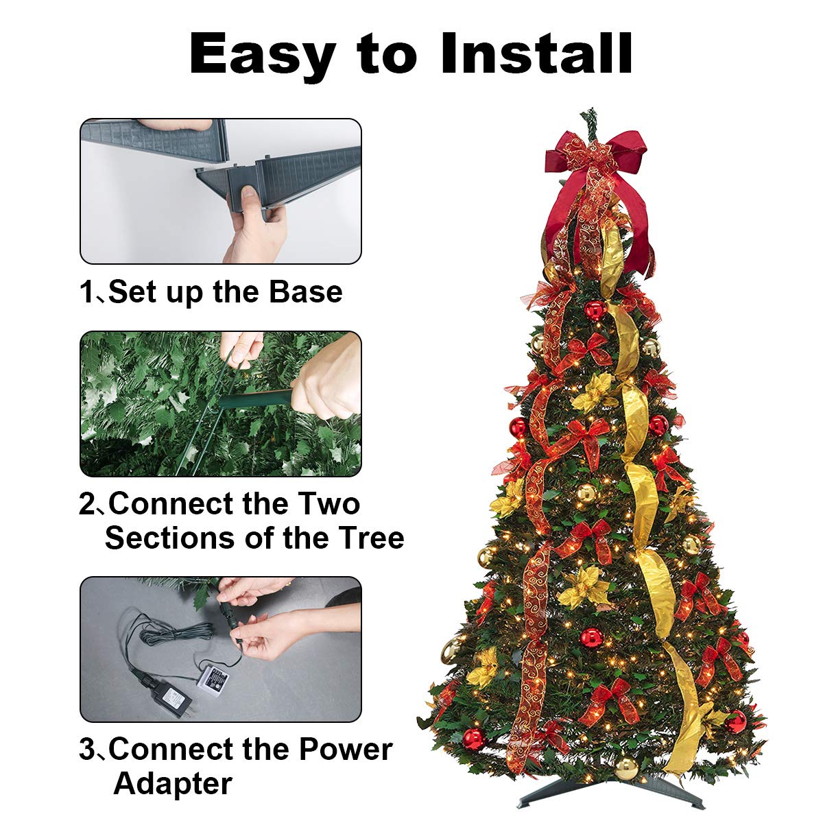 6FT Pre-Lit Pull Up Artificial Christmas Tree with LED Lights, Decorations & Remote - Red, Gold Ornaments, Bows & Ribbons | Perfect for Home, Office & Holiday Party Decor