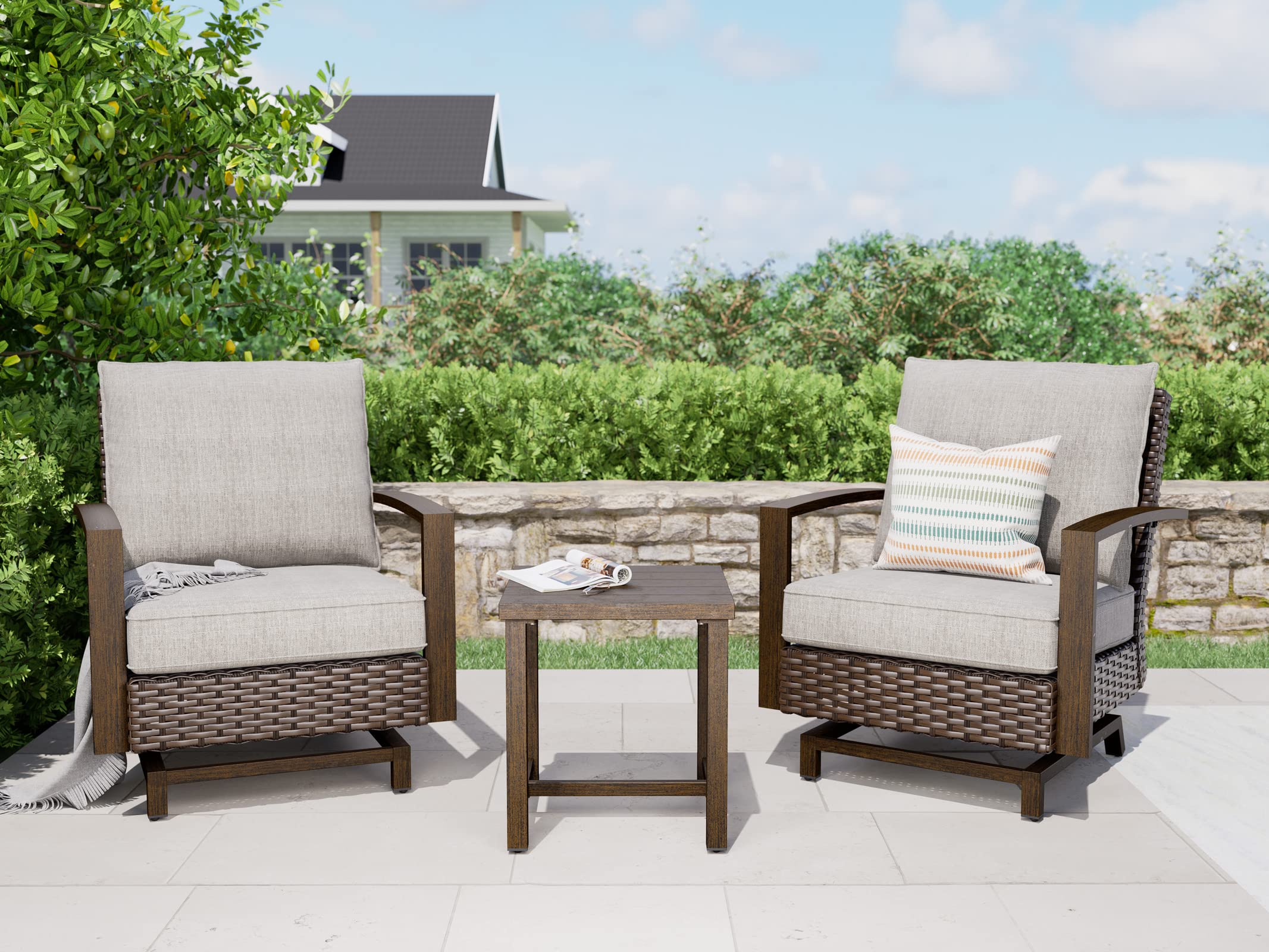 3-Piece Outdoor Patio Furniture Set - Aluminum Wicker Conversation Sofa with Wood Grain Finish, Stationary Rockers & Coffee Table - Removable Olefin Cushions (Dark Brown) - Perfect for Backyard, Garden, Poolside or Deck Relaxation