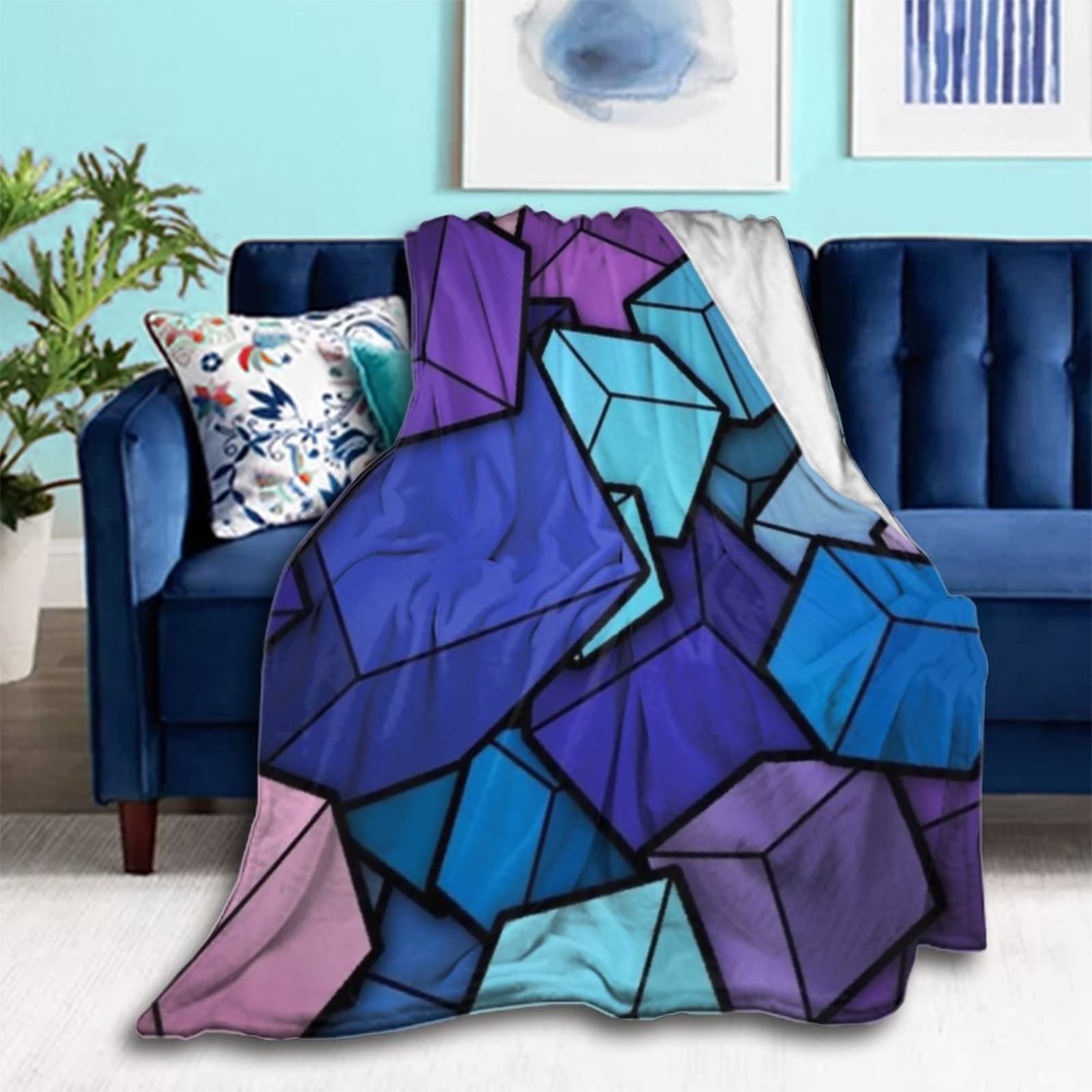 Lightweight Flannel Throw Blanket - Soft & Warm Fleece Blanket for Fall & Winter (50x40 Inches) - Blue Cyan Purple Cube Pattern - Perfect for Couch, Bed, Sofa & Chair - Queen/King Size Cozy Blanket for Home, Office & Travel