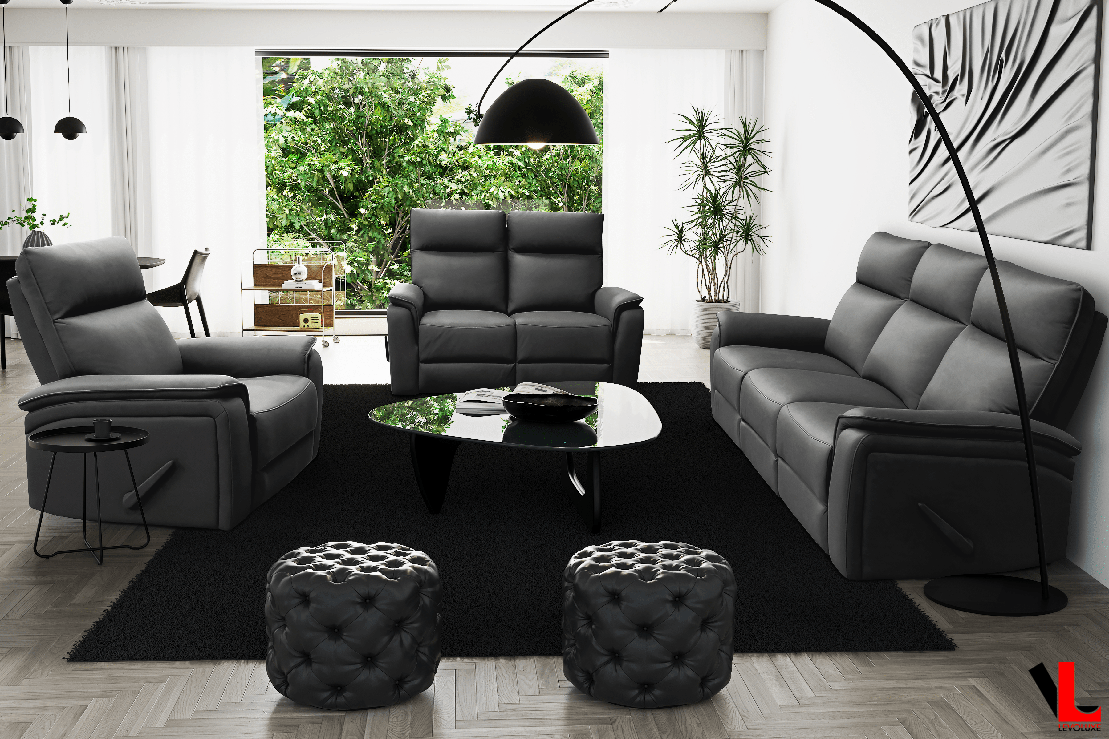 Sereno 3-Piece Reclining Sofa Set with Loveseat and Rocking Chair in Jaxxon Smoke - Modern Living Room Furniture for Home Theater, Family Gatherings & Relaxation