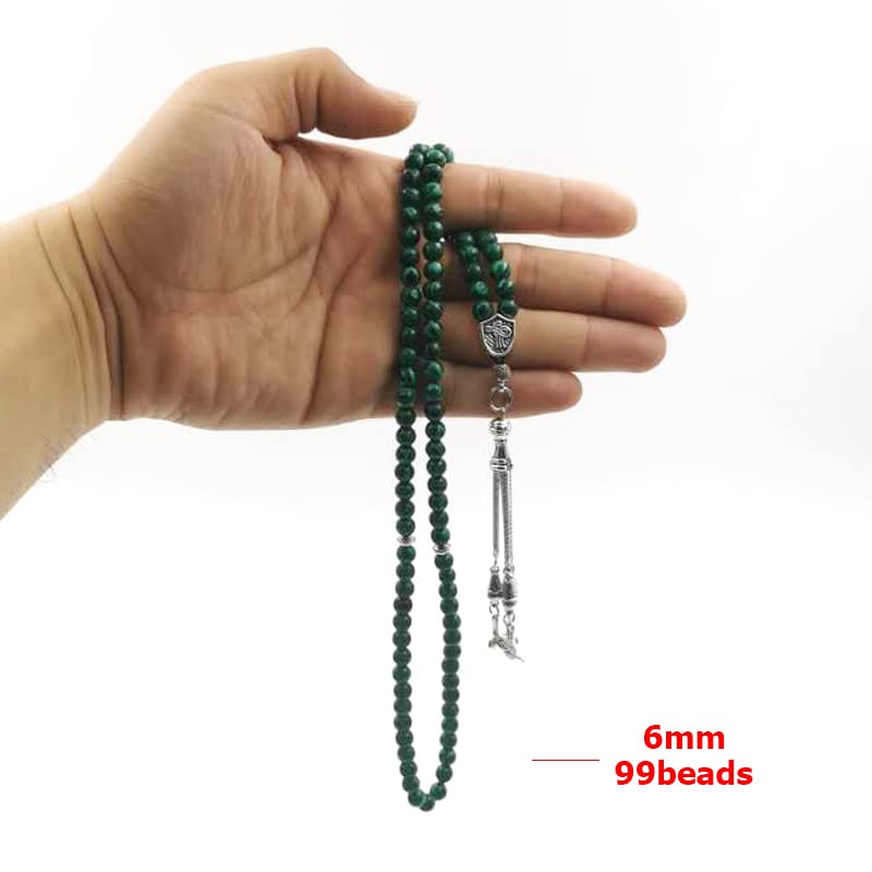 99 Beads Malachite Tasbih Misbaha Islamic Prayer Bracelet for Muslim Men - 6mm x 99 Beads - Perfect for Ramadan, Eid Gifts & Daily Dhikr
