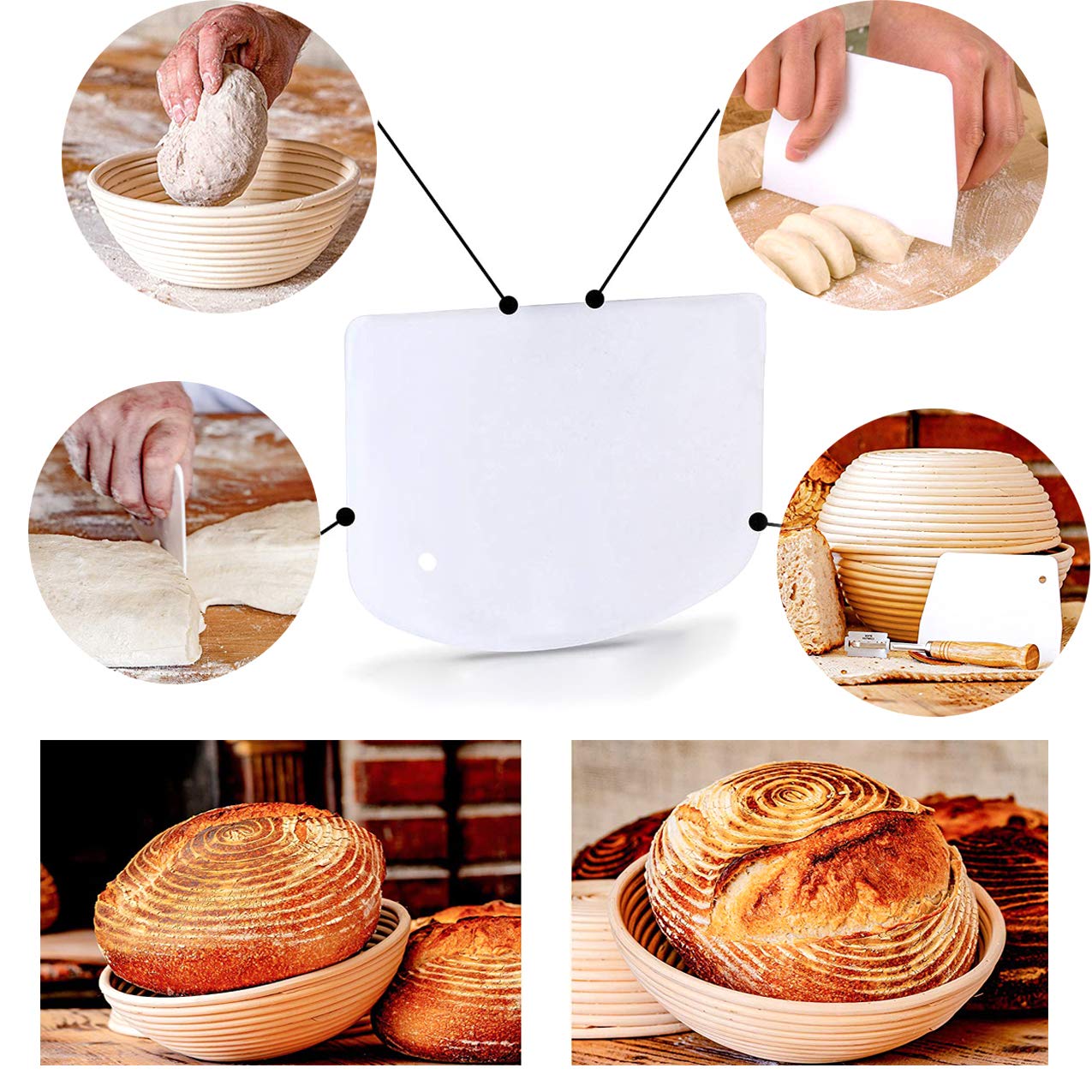 CHUSSTANG Round Bread Proofing Basket - Natural Rattan Banneton Brotform for Sourdough Baking | Includes Cloth Liner, Bread Bag, Lame, Dough Scraper & Decor Stencils | Perfect for Artisan Bread Making, Home Baking & Professional Bakeries