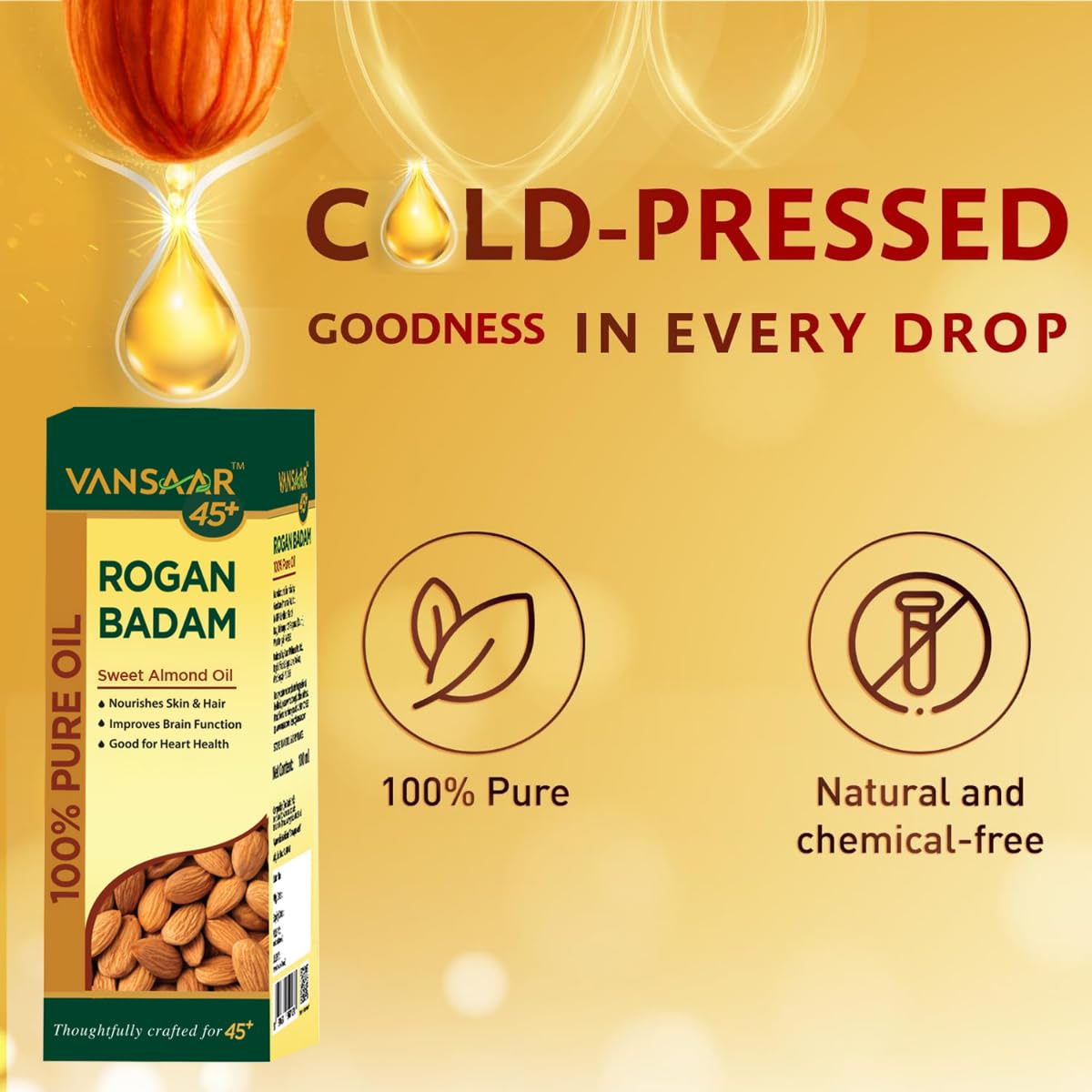 Vansaar 45+ Rogan Badam Oil - 50ml | 100% Pure Natural Cold Pressed Sweet Almond Oil for Skin & Hair Care | Made with Premium Californian Almonds | Perfect for Massage, Aromatherapy & DIY Beauty Recipes