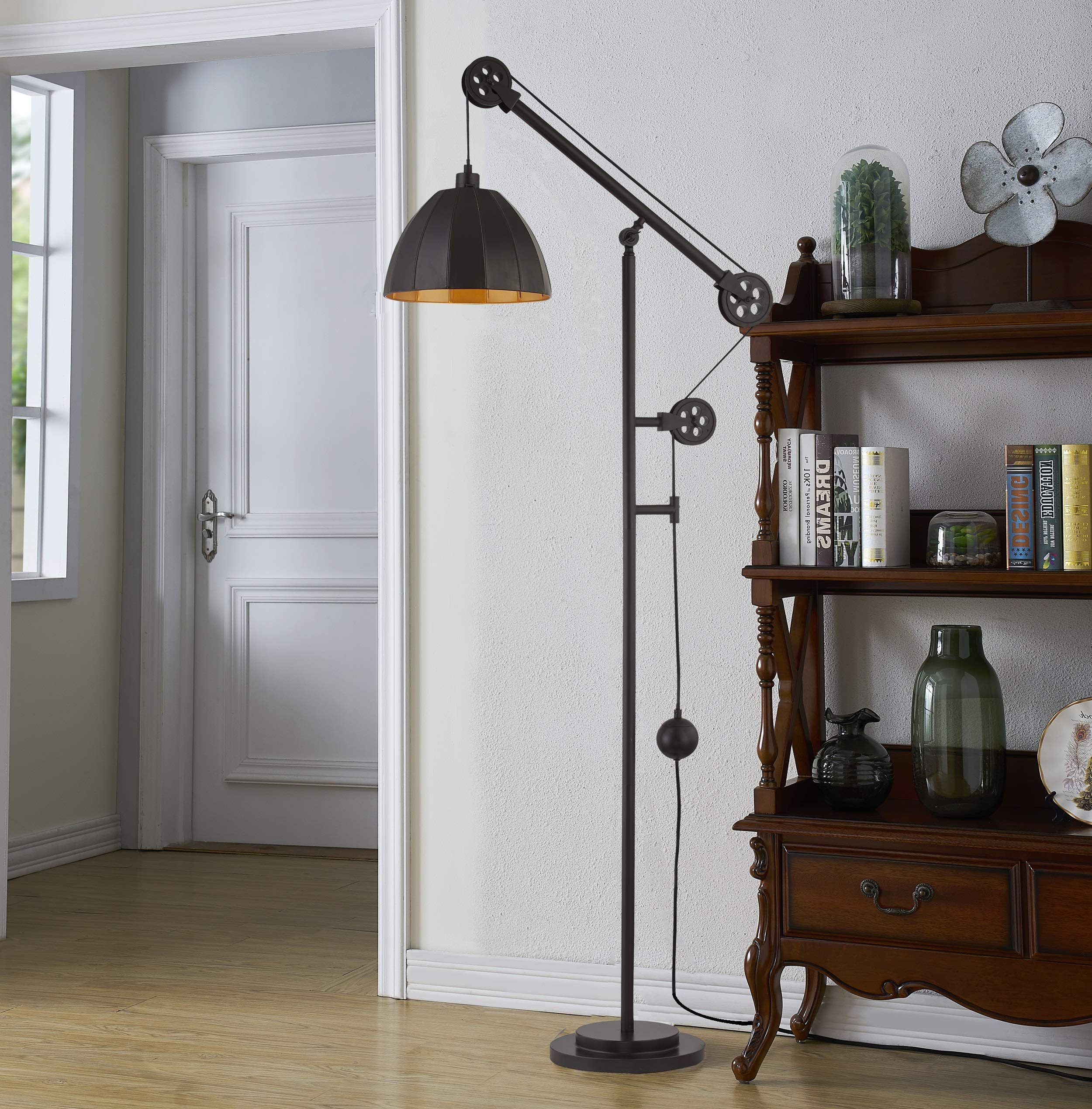 WOXXX Industrial Counterweight Pulley Floor Lamp - Adjustable Metal Shade, Rustic Deep Bronze Finish - Modern Standing Lamp for Living Room, Bedroom, Office & Reading - Farmhouse Style Tall Floor Light for Home Decor & Workspaces