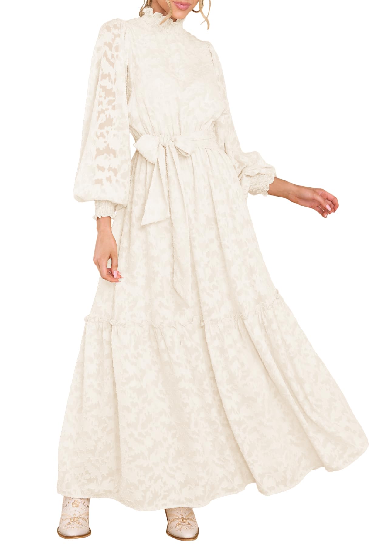 Elegant Floral High Neck Long Sleeve Women's Maxi Dress with Elastic Waist & Belt - MITILLY Formal Fall Dress for Weddings, Parties & Office Wear