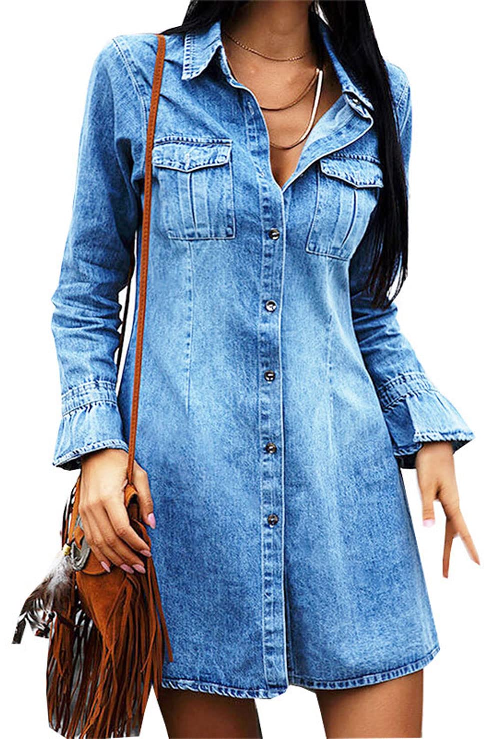 CHARTOU Women's Distressed Denim Shirt Dress - Casual Button Down Tunic with Bell Sleeves | Perfect for Streetwear, Date Night & Summer Outfits