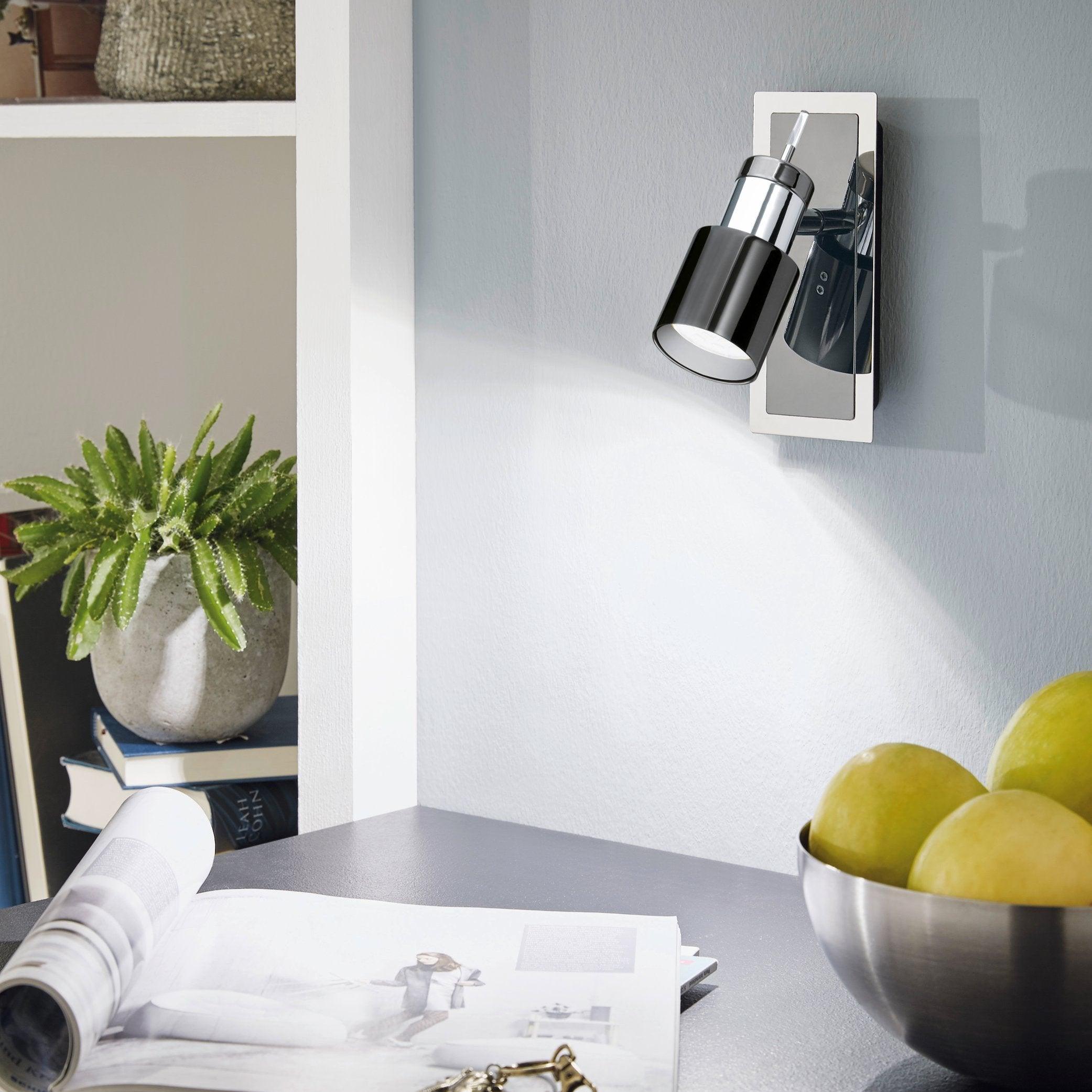 Eglo Davida 1 Black Nickel & Chrome Wall Spotlight - Modern Indoor/Outdoor Lighting for Living Room, Bedroom, or Patio Decor