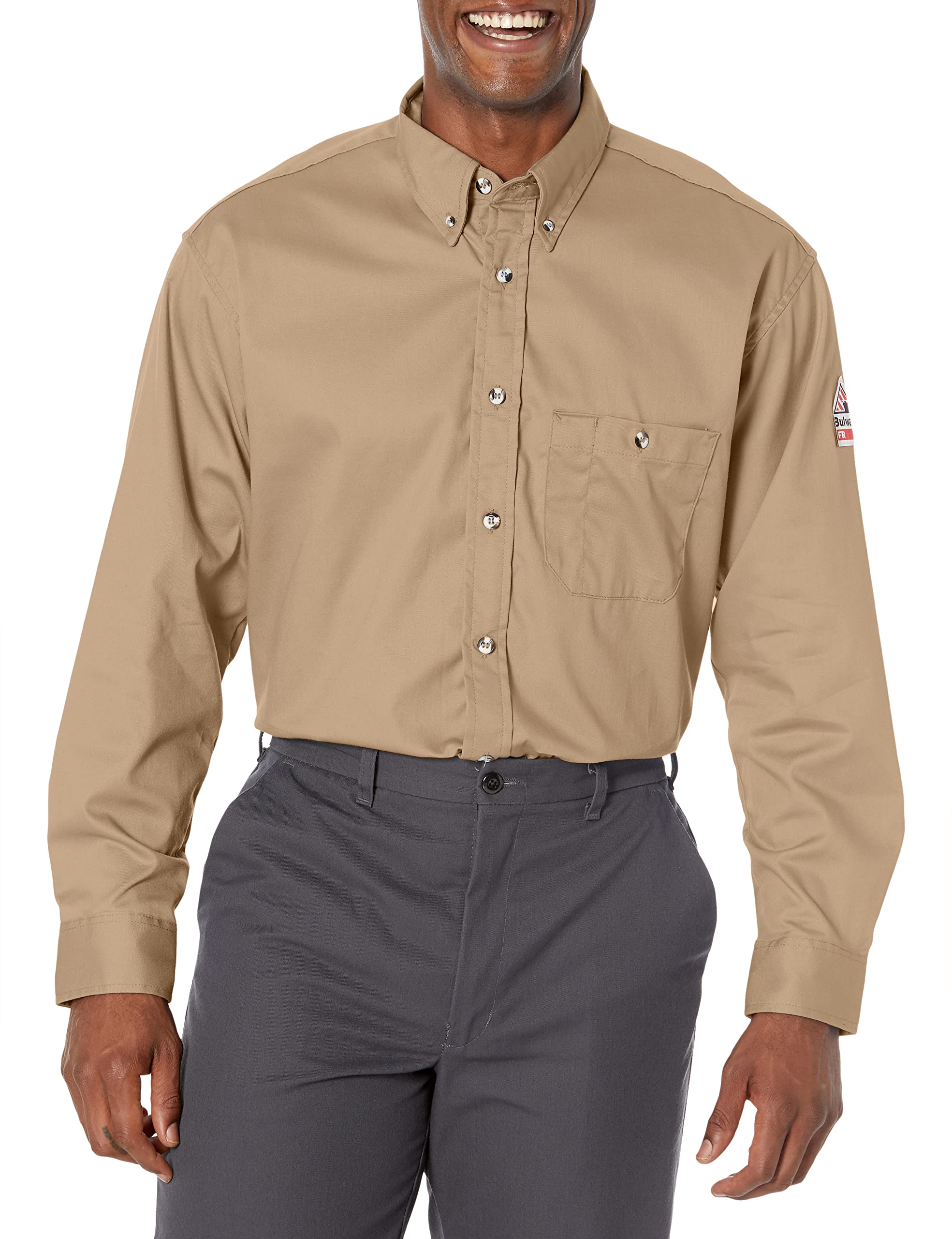 Flame Resistant 5.25 oz 100% Cotton Men's Dress Shirt - Khaki Color, Large Size - Perfect for Work Safety & Professional Office Wear